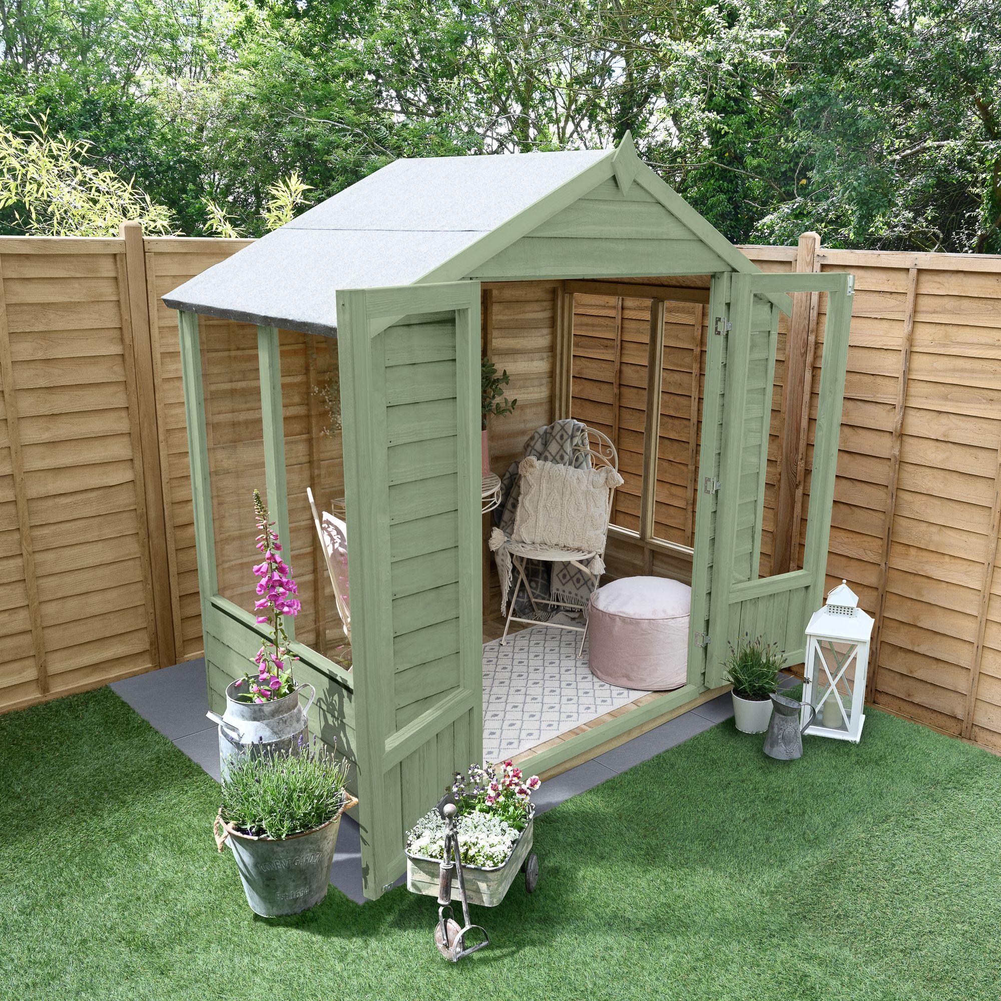 Forest Garden Oakley 6x4 ft with Double door & 4 windows Apex Wooden Summer house (Base included) - Assembly service included