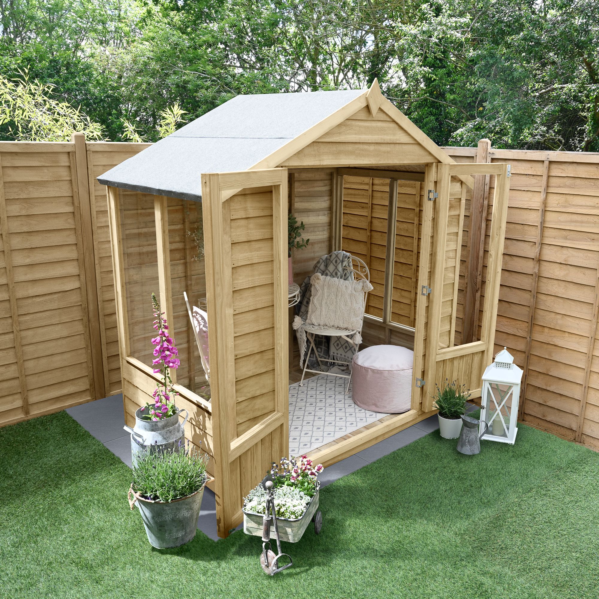 Forest Garden Oakley 6x4 ft with Double door & 4 windows Apex Wooden Summer house (Base included) - Assembly service included