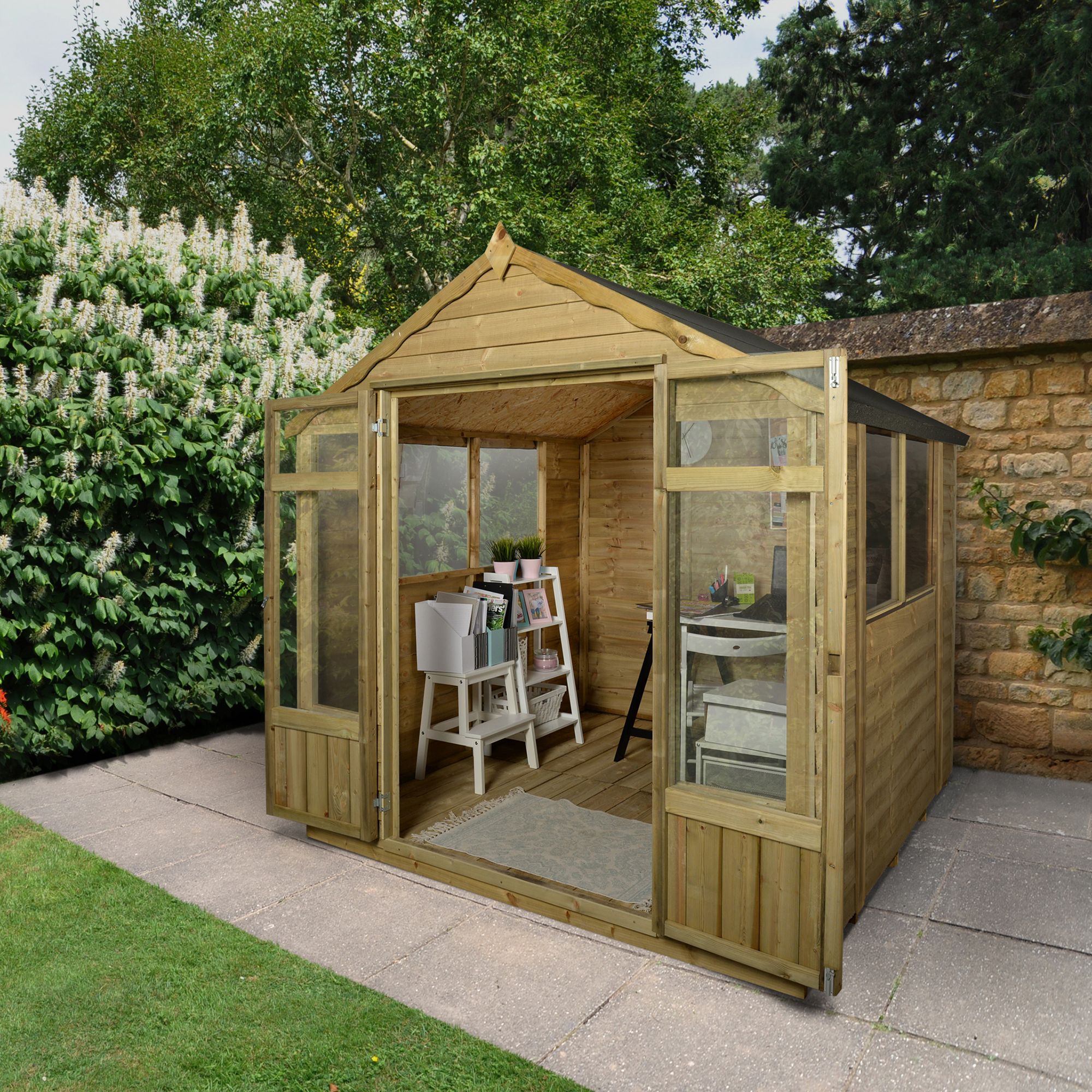 Forest Garden Oakley 7x7 ft with Double door & 6 windows Apex Summer house (H)2210mm x (W)2320mm - Assembly service included