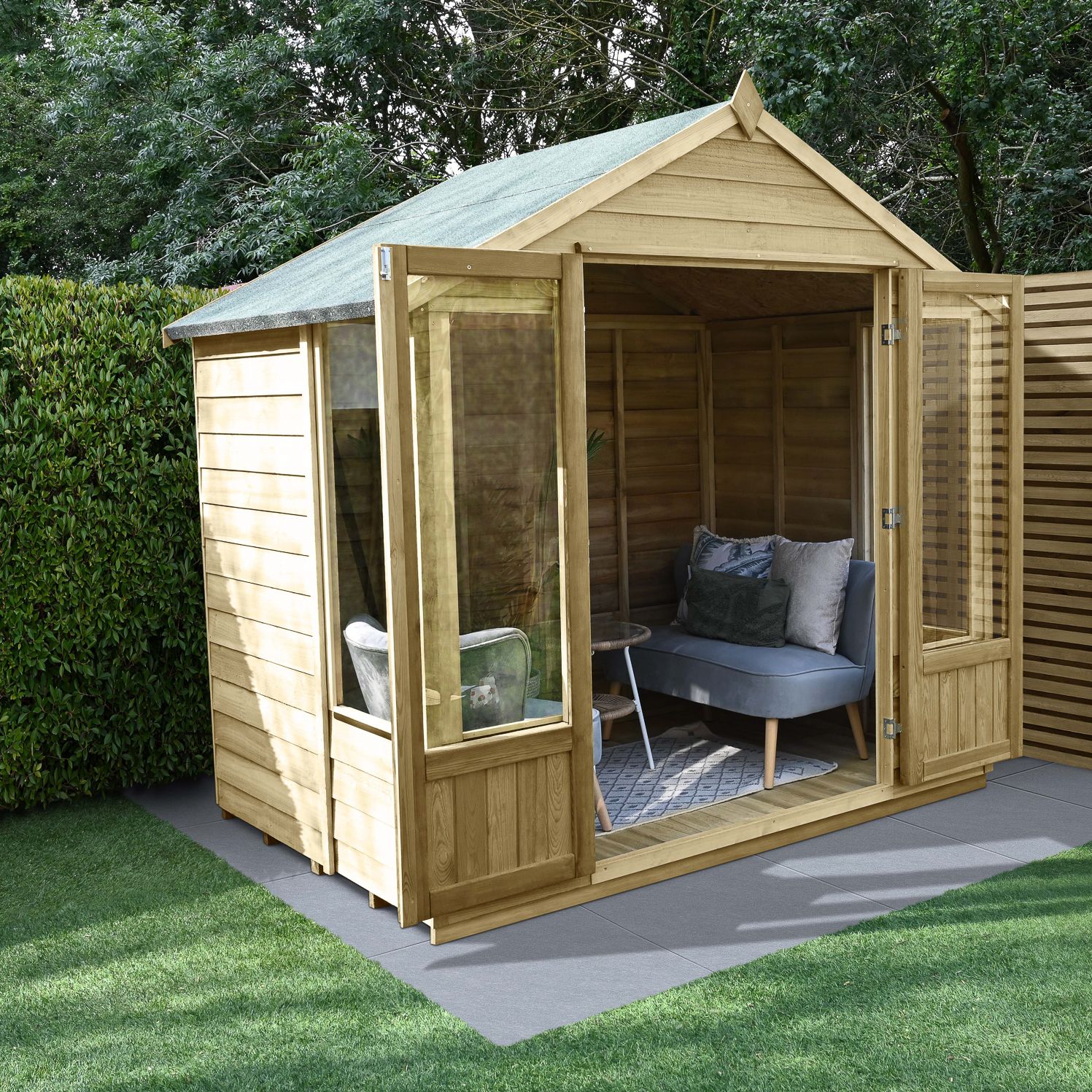 Forest Garden Oakley 8x6 ft with Double door & 4 windows Apex Wooden Summer house (Base included) - Assembly service included