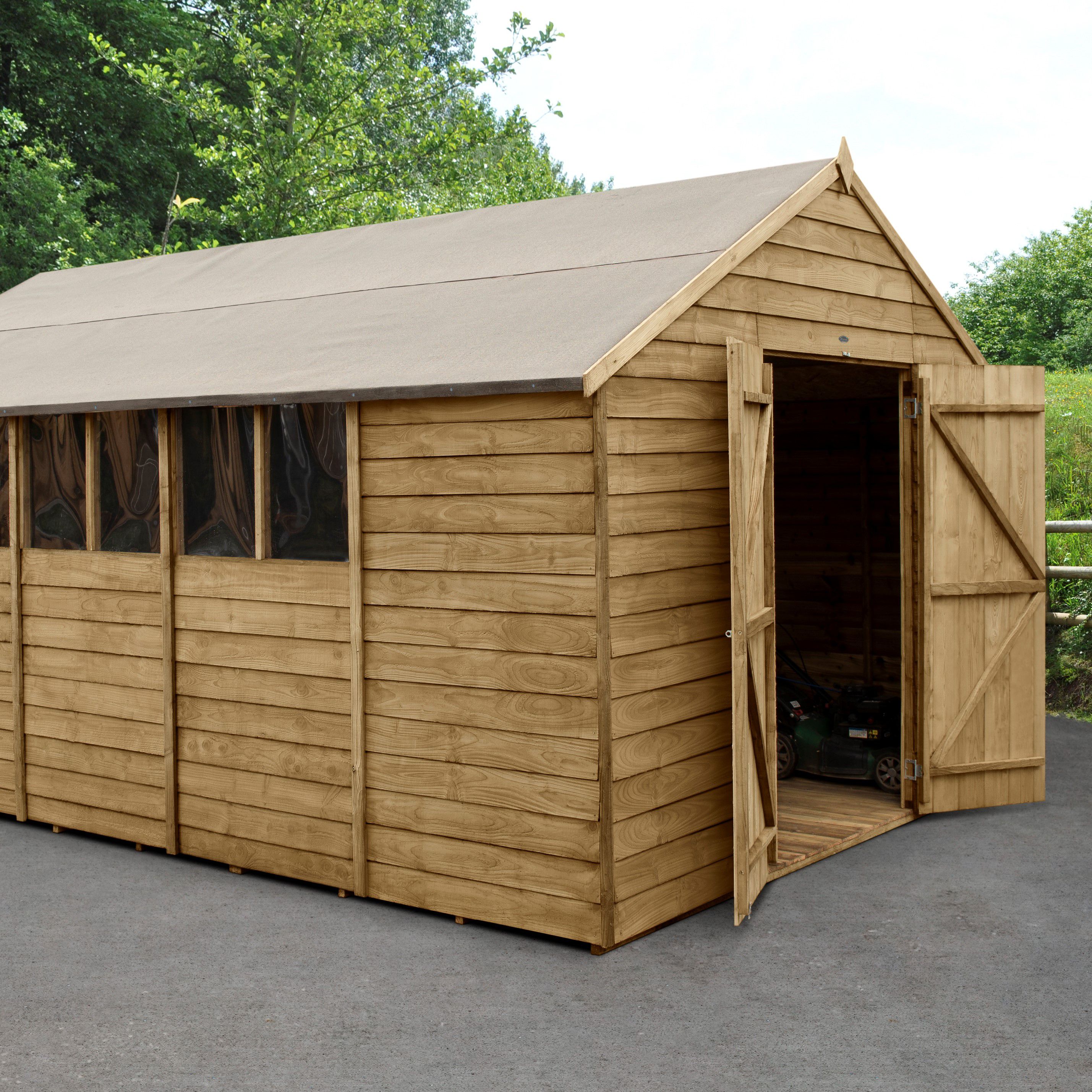 Forest Garden Overlap 10x15 ft Apex Wooden 2 door Shed with floor & 6 windows