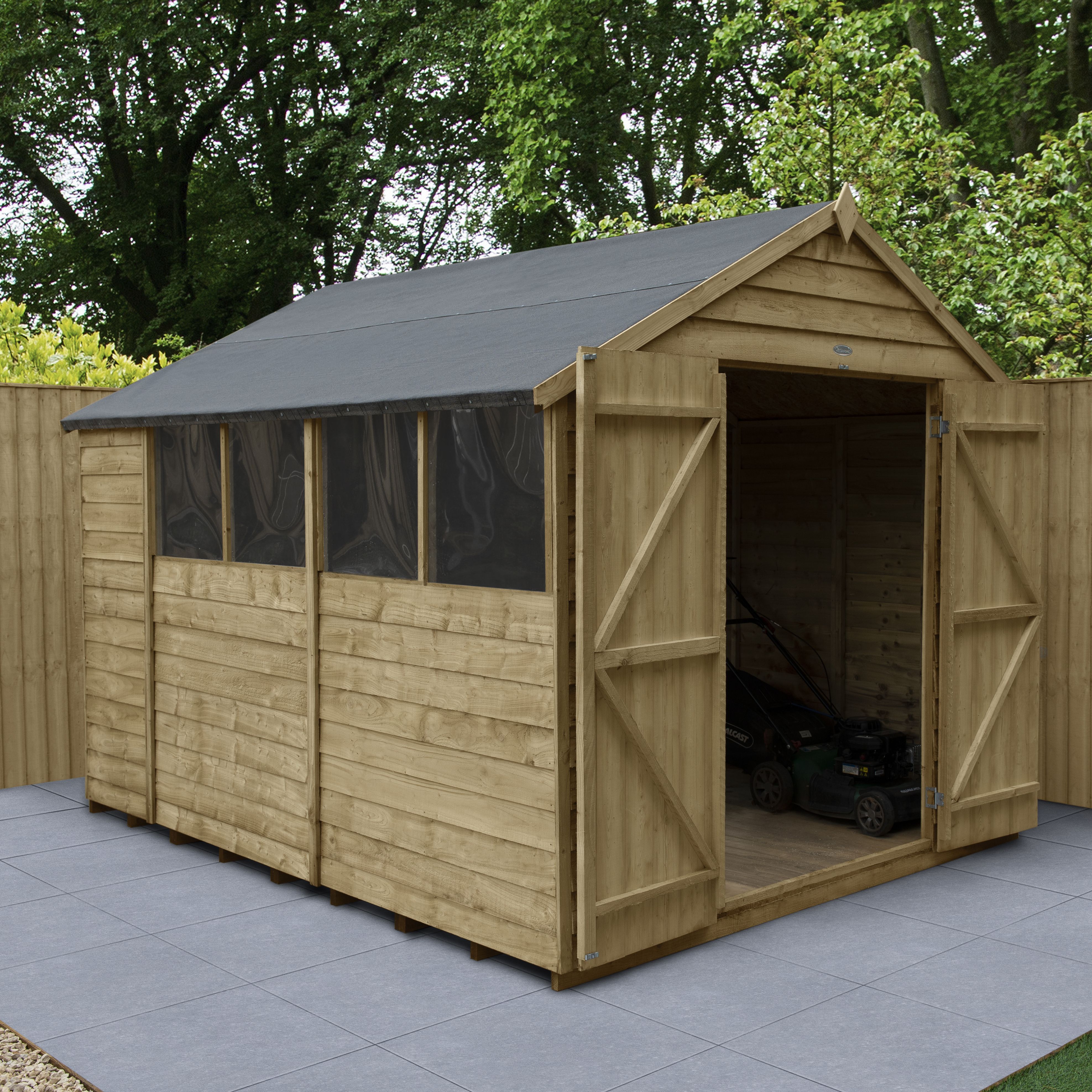 Forest Garden Overlap 10x8 ft Apex Wooden 2 door Shed with floor & 4 windows - Assembly service included