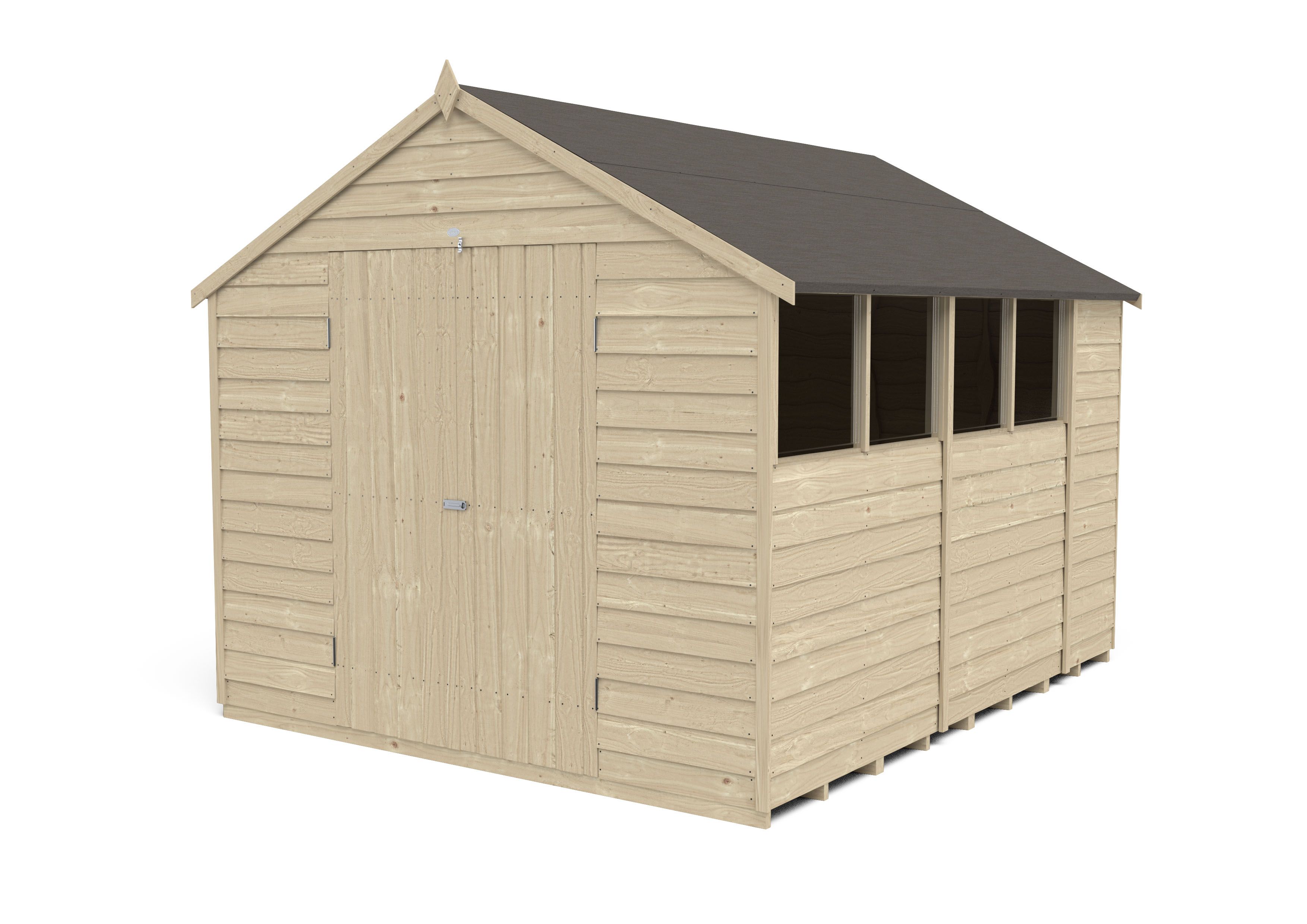 Forest Garden Overlap 10x8 ft Apex Wooden 2 door Shed with floor & 4 windows