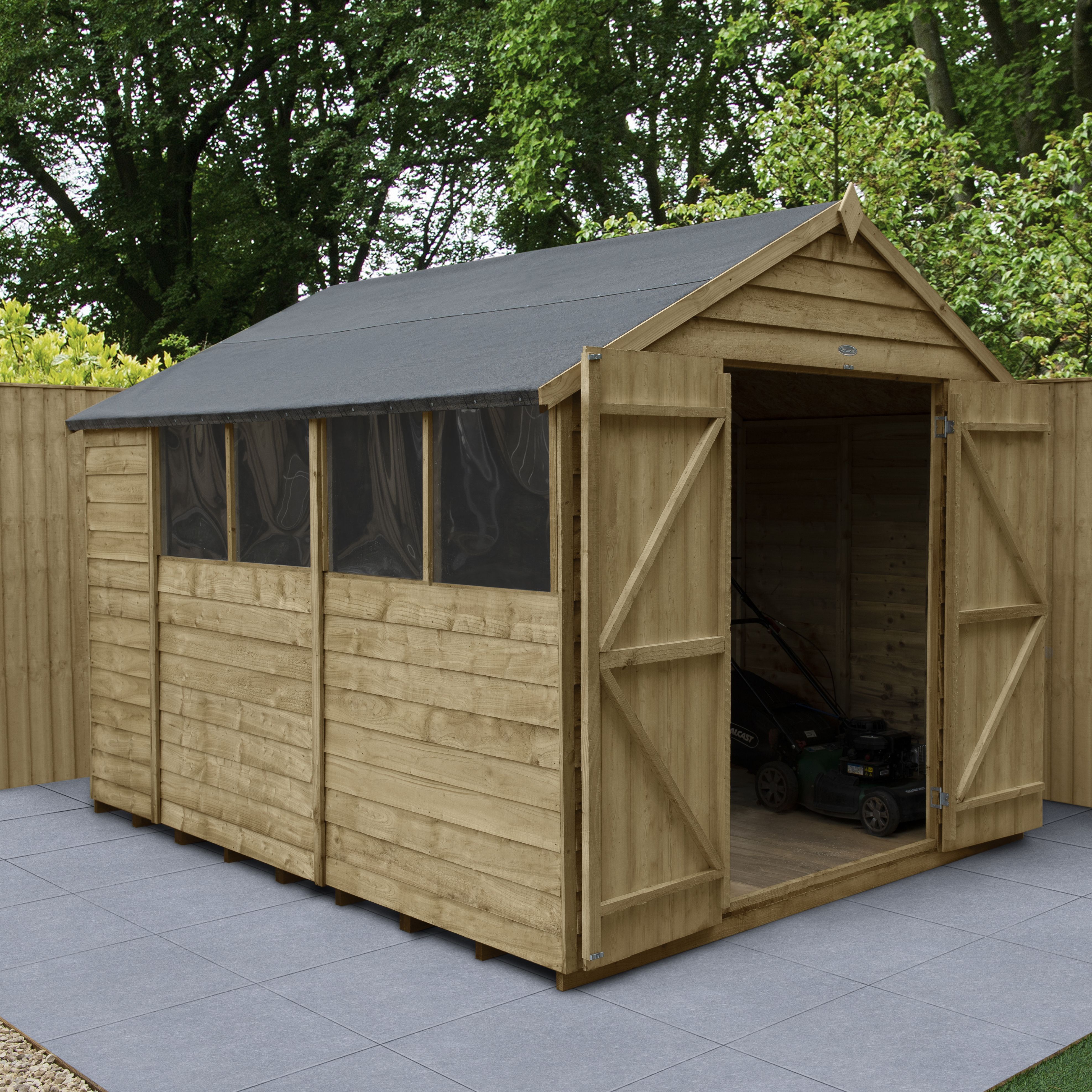 Forest Garden Overlap 10x8 ft Apex Wooden 2 door Shed with floor & 4 windows