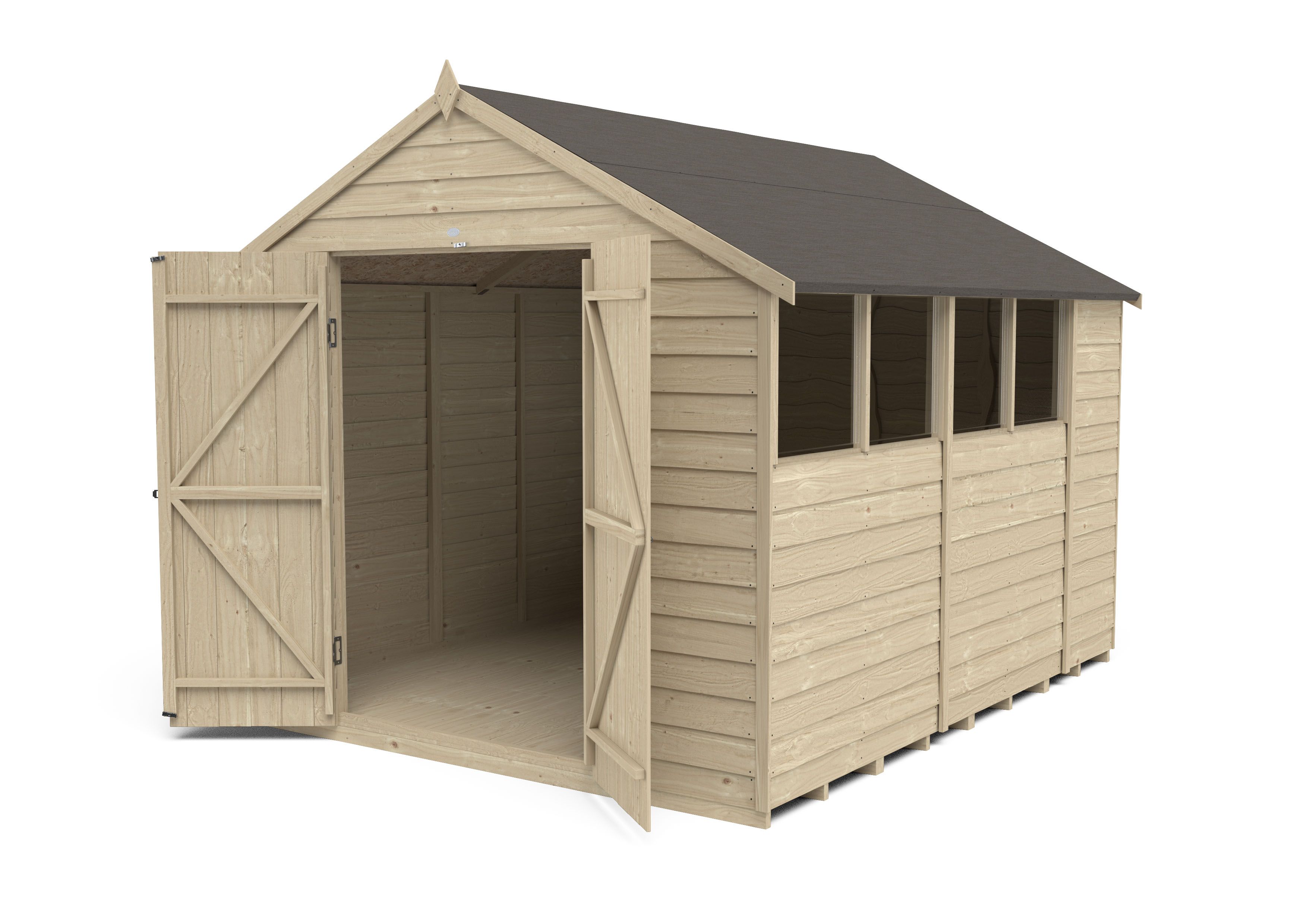 Forest Garden Overlap 10x8 ft Apex Wooden 2 door Shed with floor & 4 windows