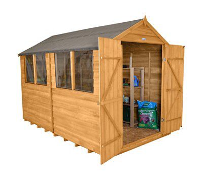 Forest Garden Overlap 10x8 ft Apex Wooden Dip treated 2 door Shed with floor & 4 windows - Assembly service included