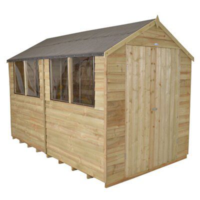 Forest Garden Overlap 10x8 ft Apex Wooden Pressure treated 2 door Shed with floor & 4 windows