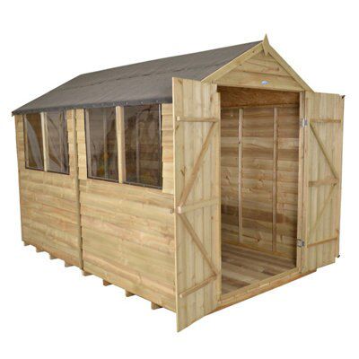 Forest Garden Overlap 10x8 ft Apex Wooden Pressure treated 2 door Shed with floor & 4 windows