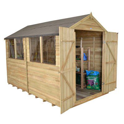 Forest Garden Overlap 10x8 ft Apex Wooden Pressure treated 2 door Shed with floor & 4 windows