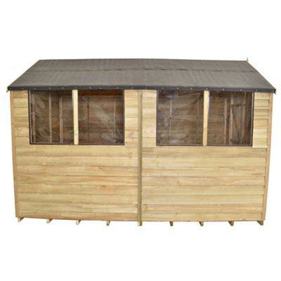 Forest Garden Overlap 10x8 ft Apex Wooden Pressure treated 2 door Shed with floor & 4 windows