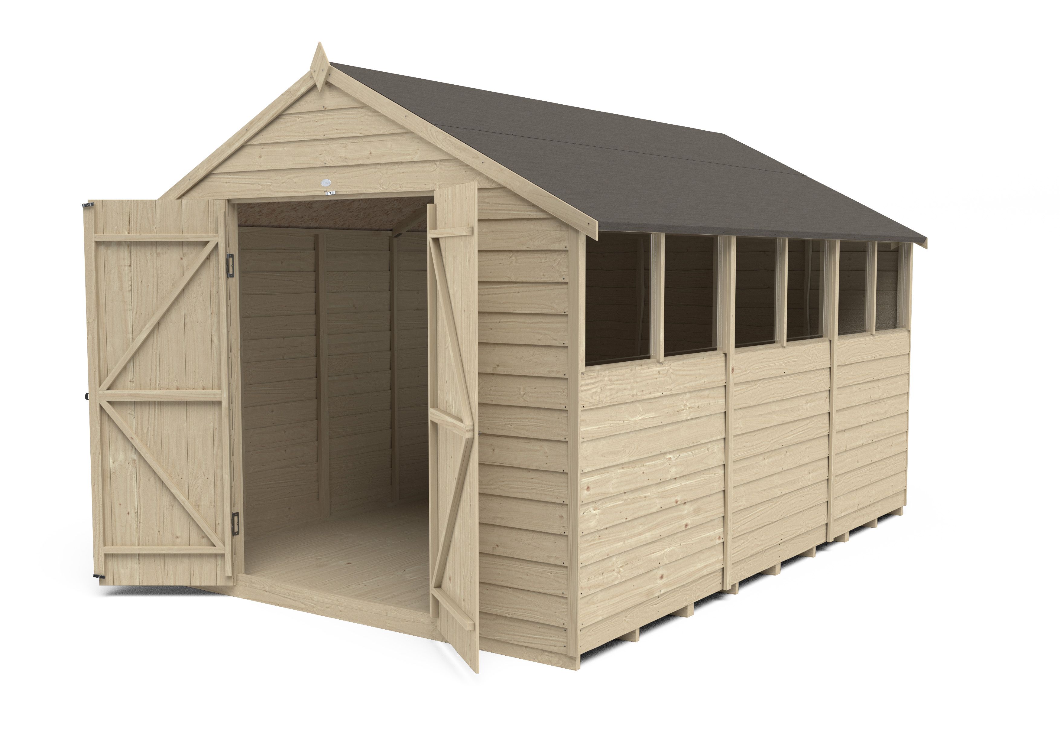 Forest Garden Overlap 12x8 ft Apex Wooden 2 door Shed with floor & 6 windows