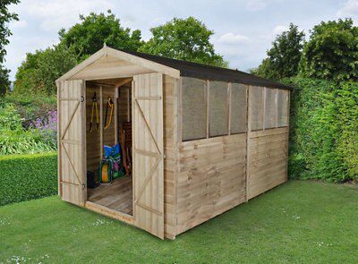 Forest Garden Overlap 12x8 ft Apex Wooden Pressure treated 2 door Shed with floor & 6 windows - Assembly service included