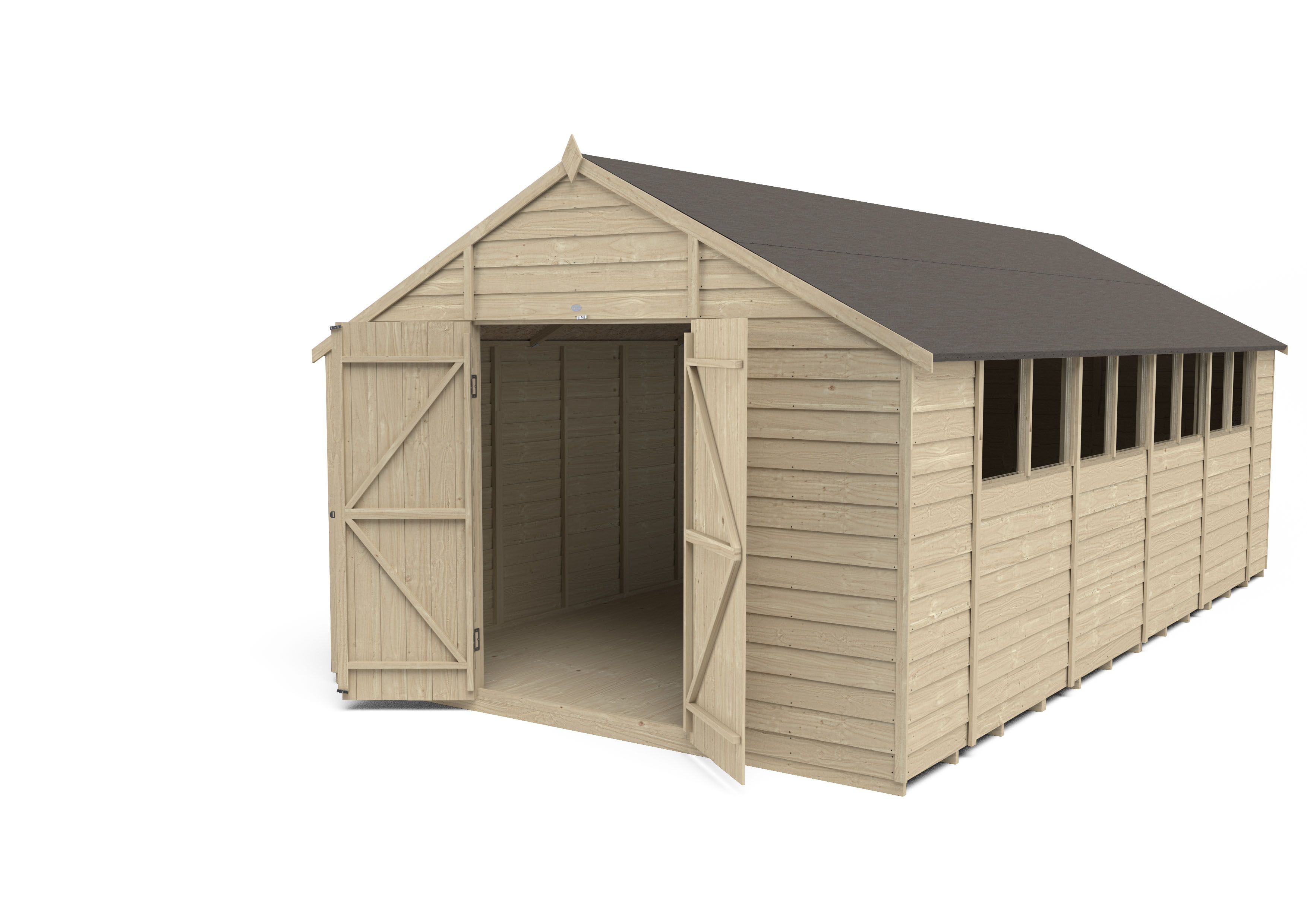 Forest Garden Overlap 20x10 ft Apex Wooden 2 door Shed with floor & 8 windows - Assembly service included