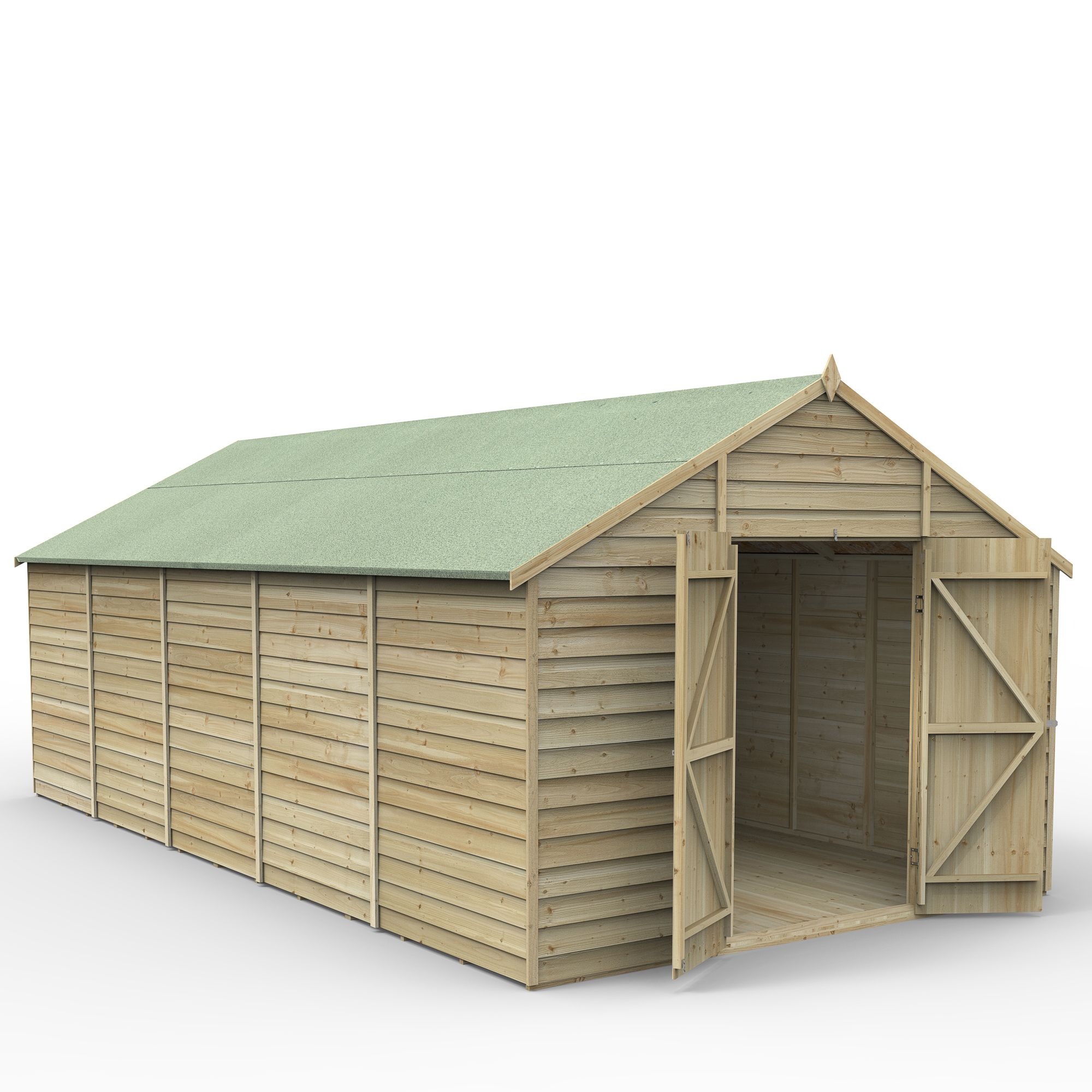 Forest Garden Overlap 20x10 ft Apex Wooden Pressure treated 2 door Shed with floor (Base included) - Assembly service included