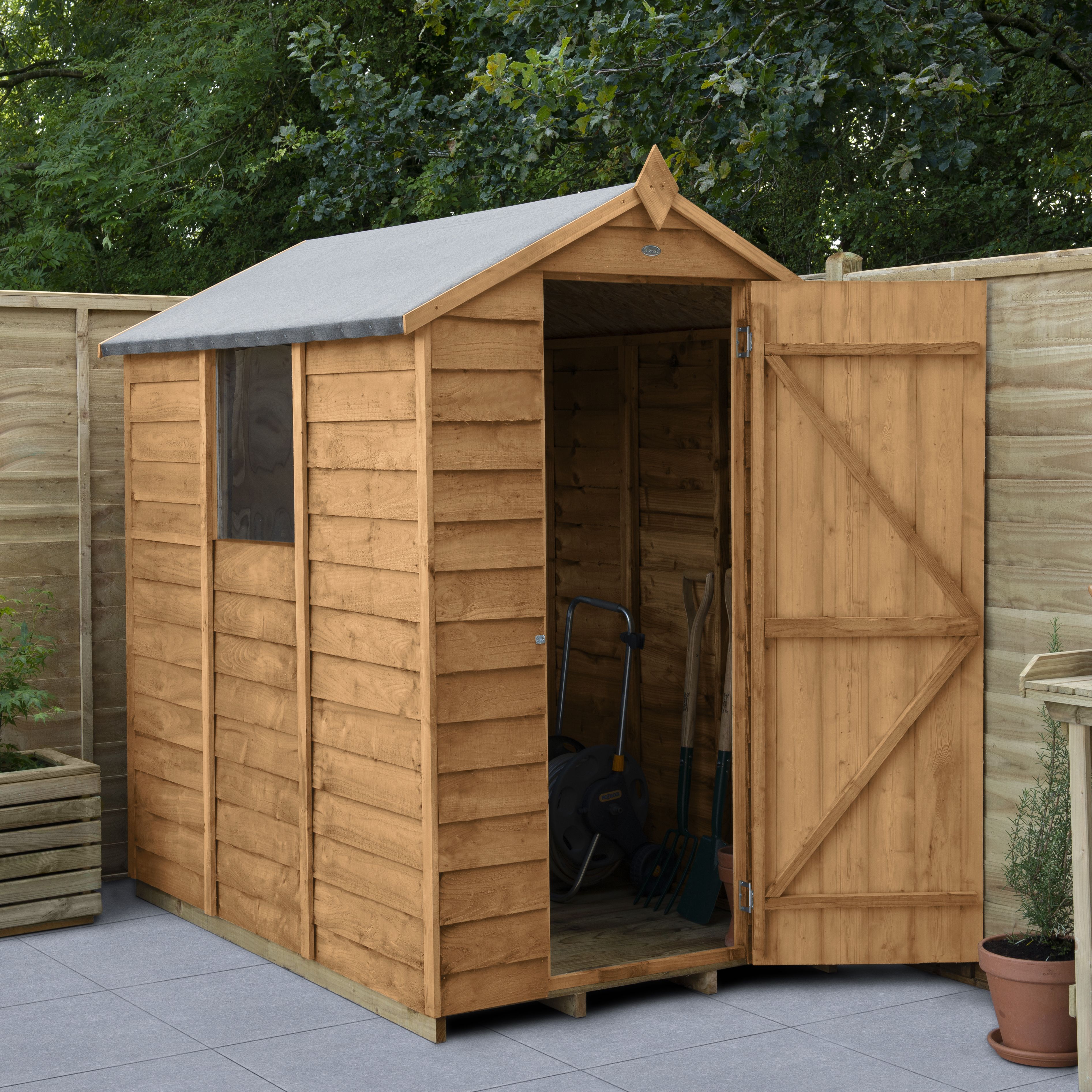 Forest Garden Overlap 6x4 ft Apex Wooden Dip treated Shed with floor & 1 window (Base included)