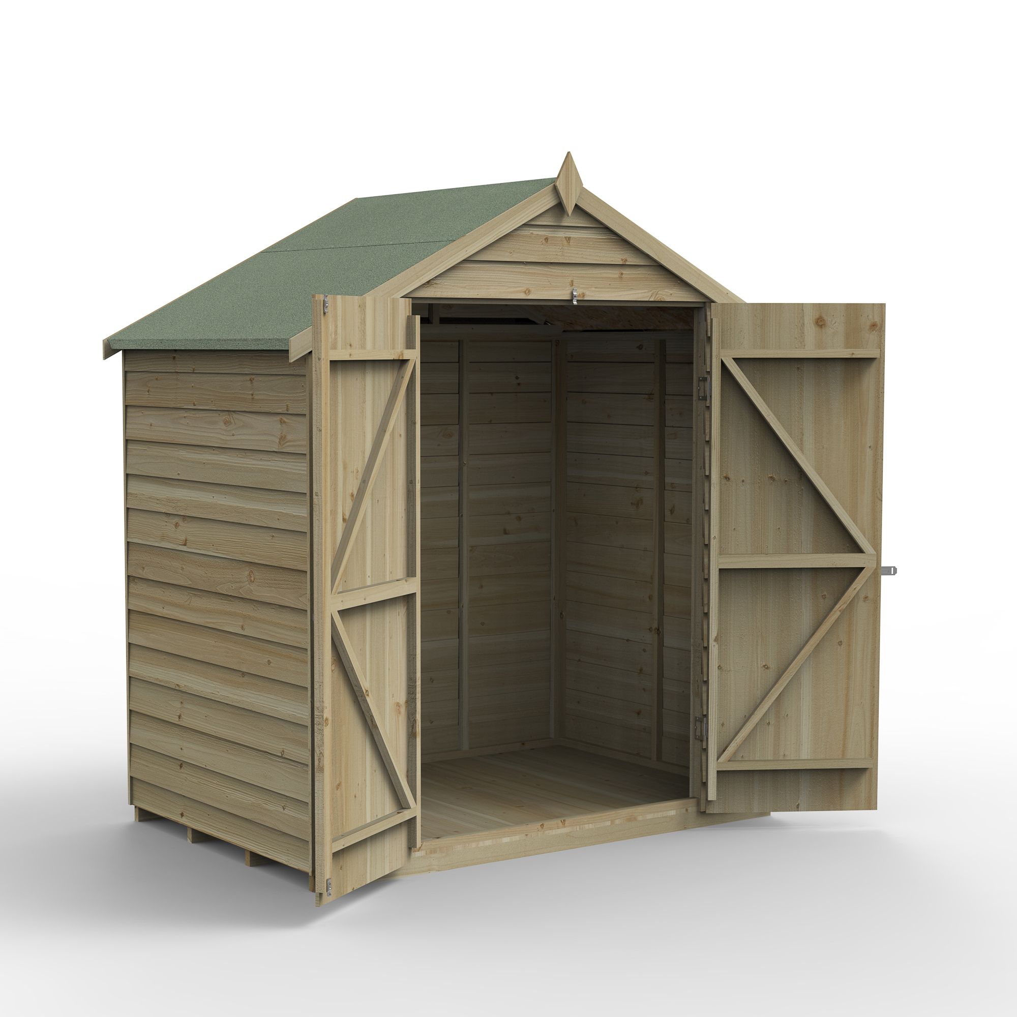 Forest Garden Overlap 6x4 ft Apex Wooden Pressure treated 2 door Shed with floor (Base included) - Assembly service included