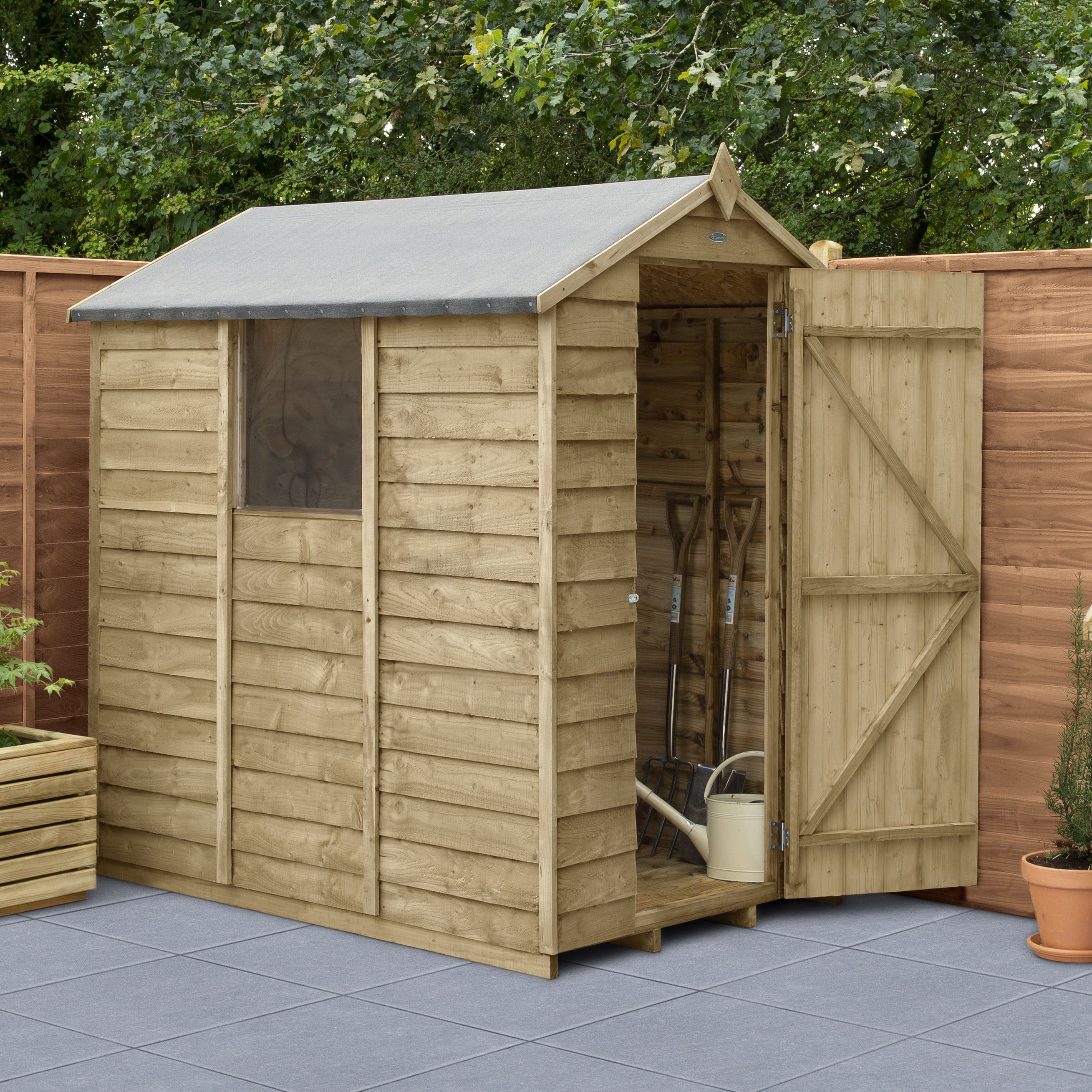 Forest Garden Overlap 6x4 ft Apex Wooden Pressure treated Shed with floor & 1 window (Base included)