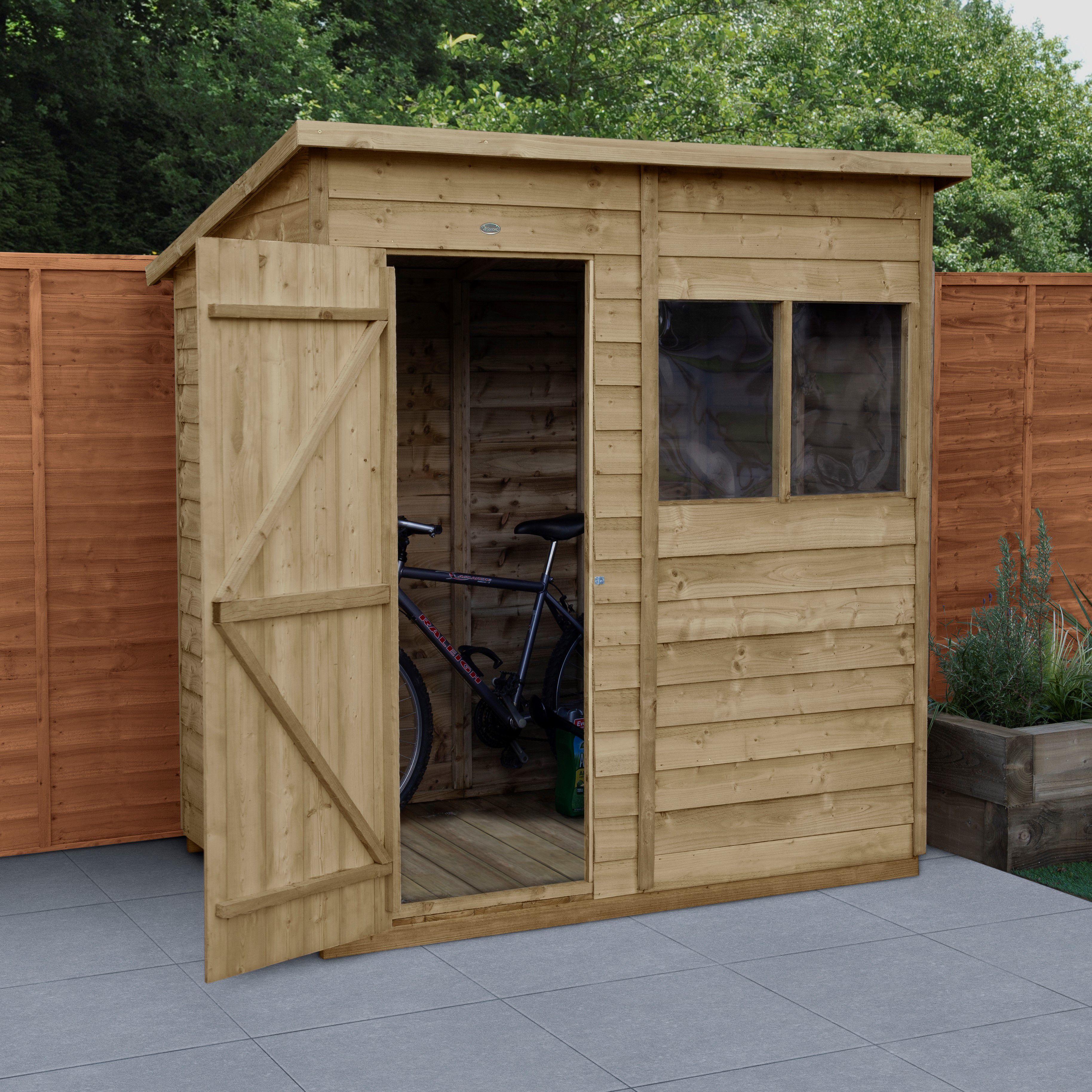 Forest Garden Overlap 6x4 ft Pent Wooden Pressure treated Shed with floor & 2 windows - Assembly service included