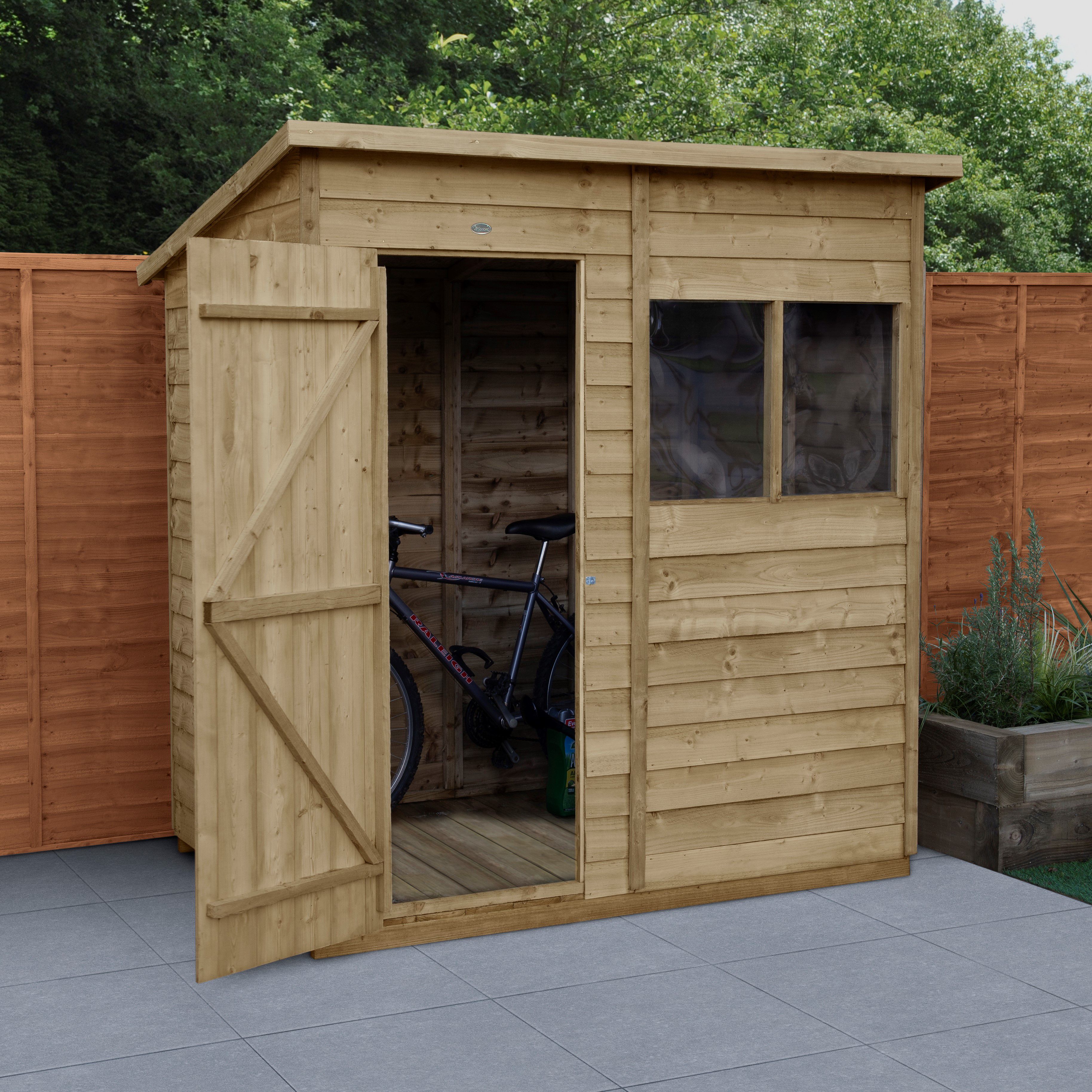 Forest Garden Overlap 6x4 ft Pent Wooden Pressure treated Shed with floor & 2 windows