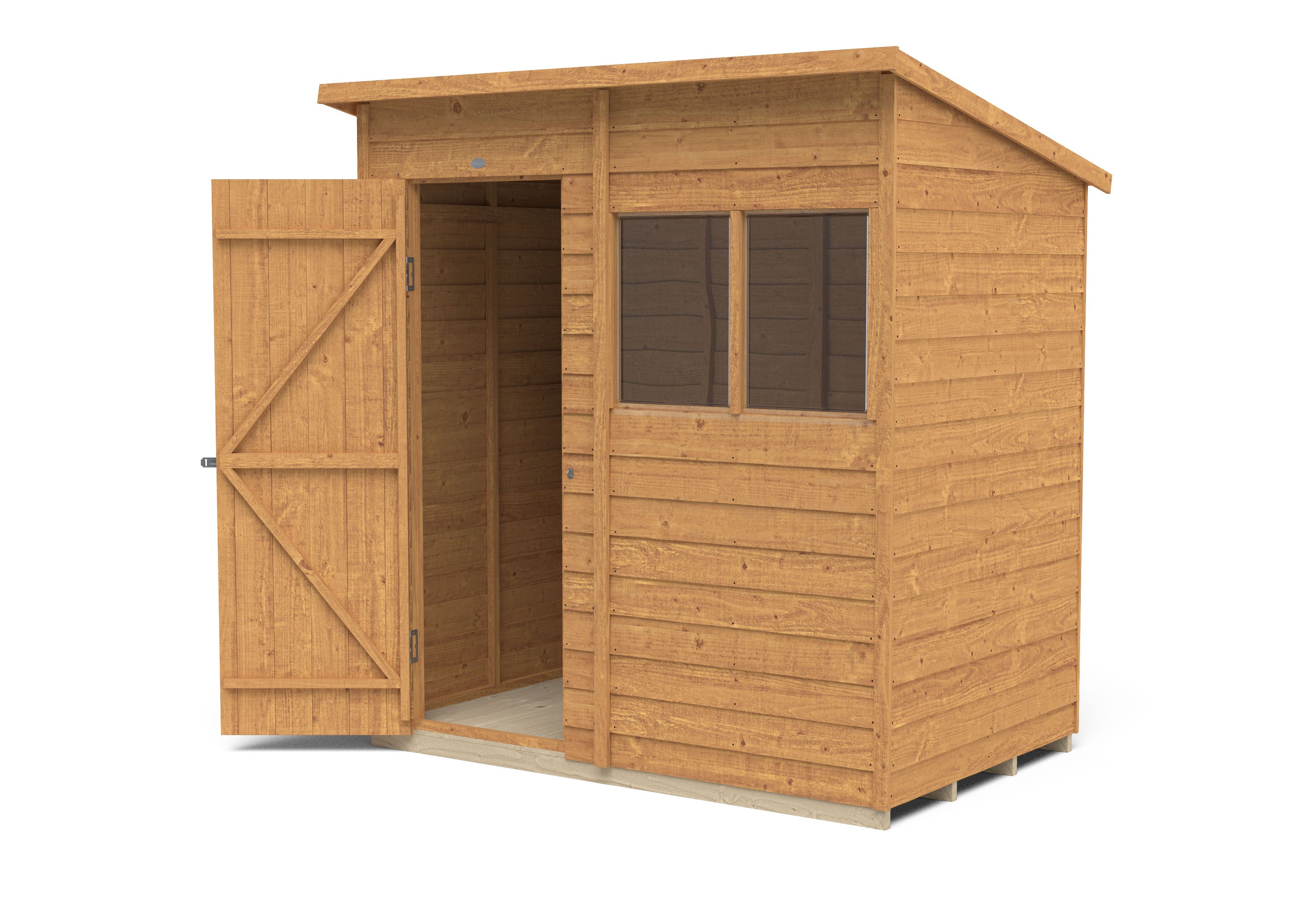 Forest Garden Overlap 6x4 ft Pent Wooden Shed with floor & 2 windows (Base included) - Assembly service included