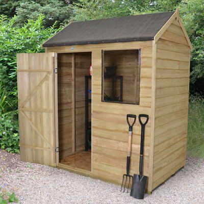 Forest Garden Overlap 6x4 ft Reverse apex Wooden Pressure treated Shed with floor & 1 window (Base included) - Assembly service included