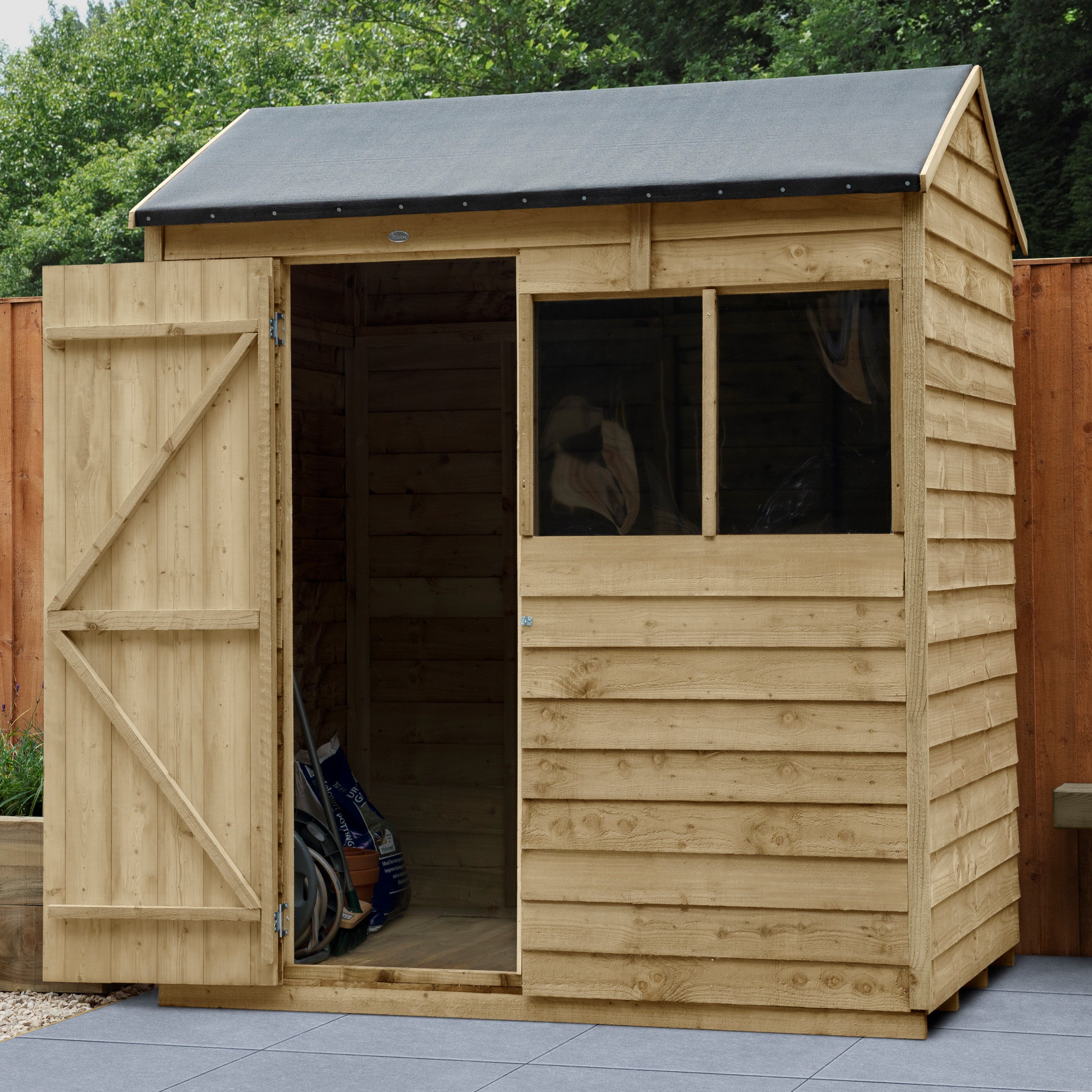 Forest Garden Overlap 6x4 ft Reverse apex Wooden Pressure treated Shed with floor & 2 windows - Assembly service included