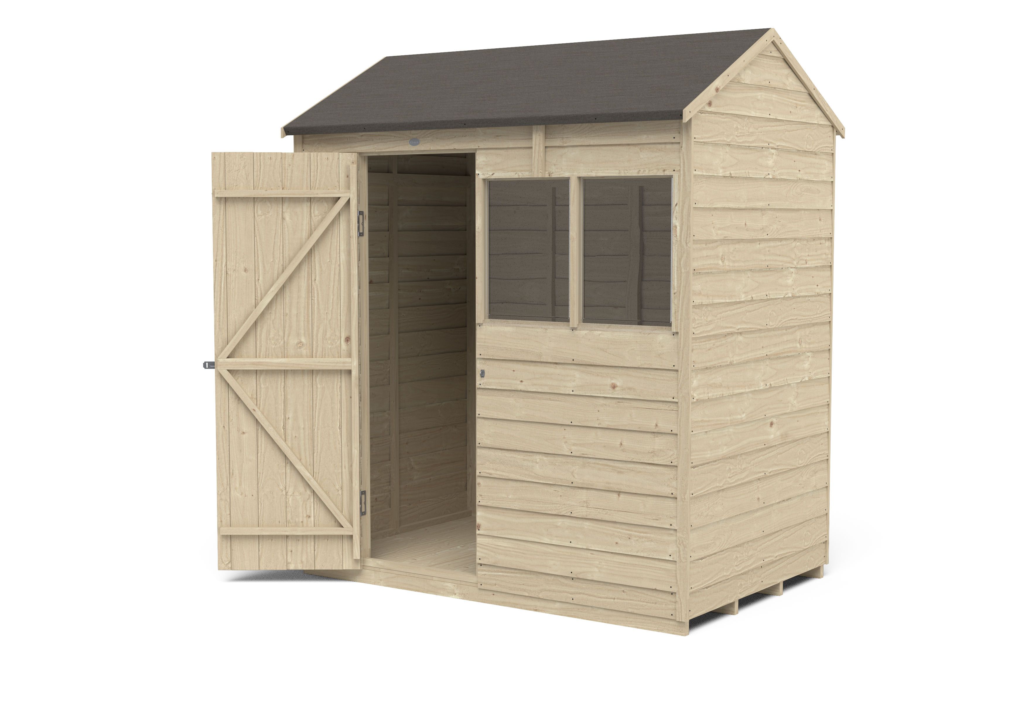 Forest Garden Overlap 6x4 ft Reverse apex Wooden Pressure treated Shed with floor & 2 windows (Base included) - Assembly service included