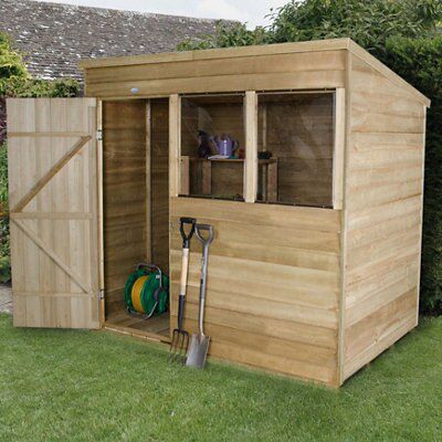 Forest Garden Overlap 7x5 ft Pent Wooden Pressure treated Shed with floor & 2 windows (Base included) - Assembly service included