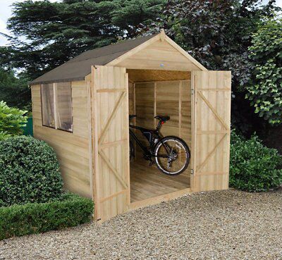 Forest Garden Overlap 7x7 ft Apex Wooden Pressure treated 2 door Shed with floor & 2 windows (Base included) - Assembly service included