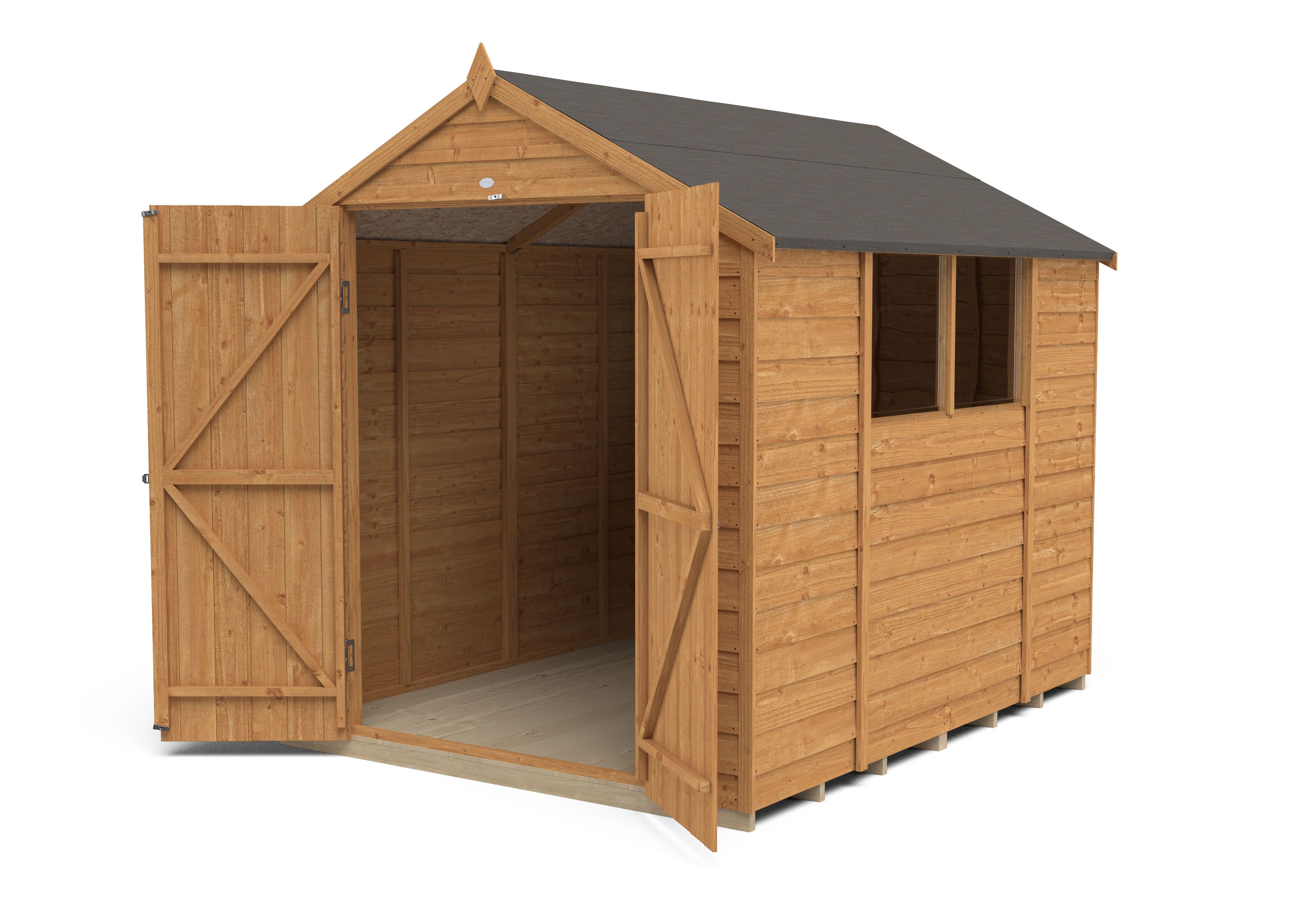 Forest Garden Overlap 8x6 ft Apex Wooden 2 door Shed with floor & 2 windows