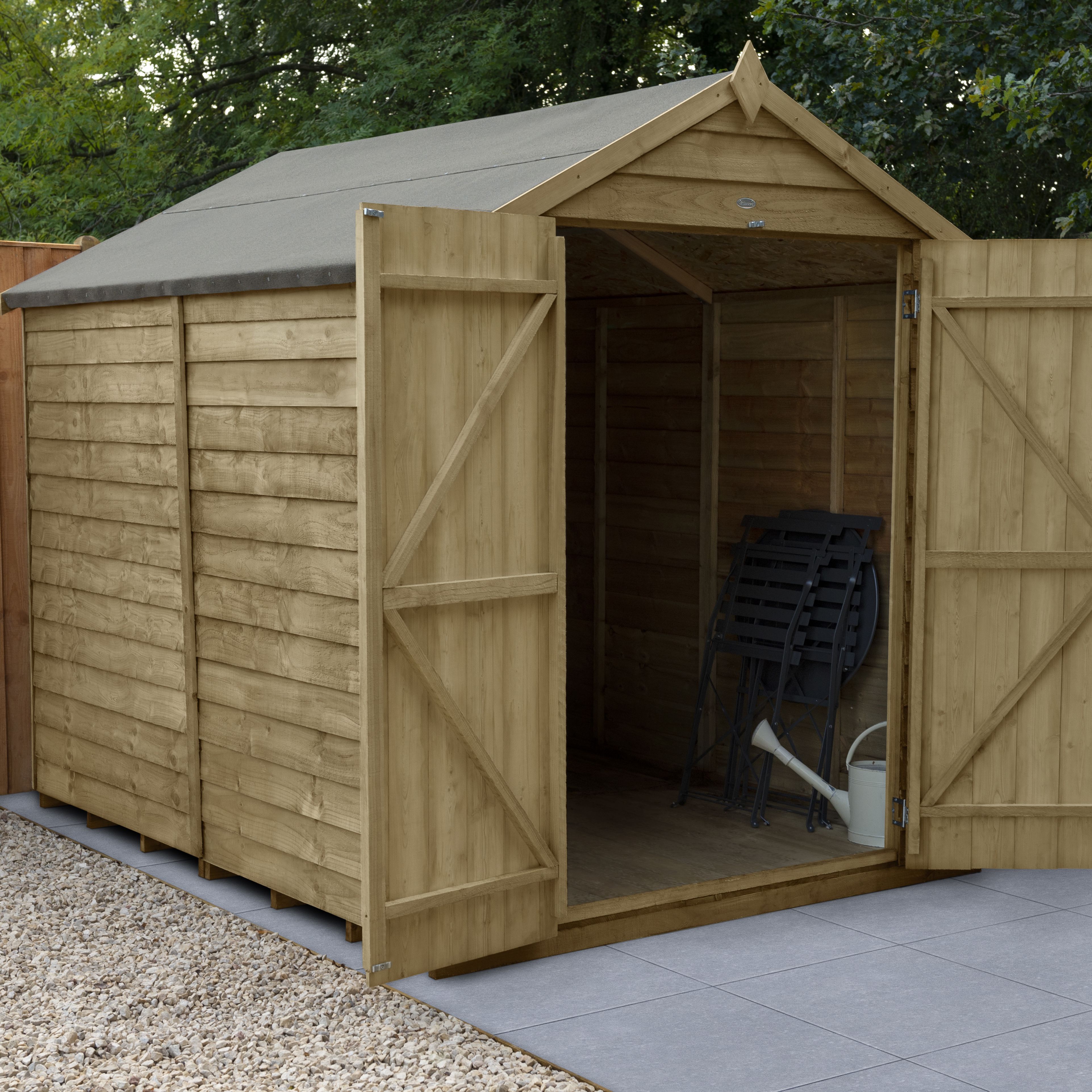 Forest Garden Overlap 8x6 ft Apex Wooden 2 door Shed with floor - Assembly service included