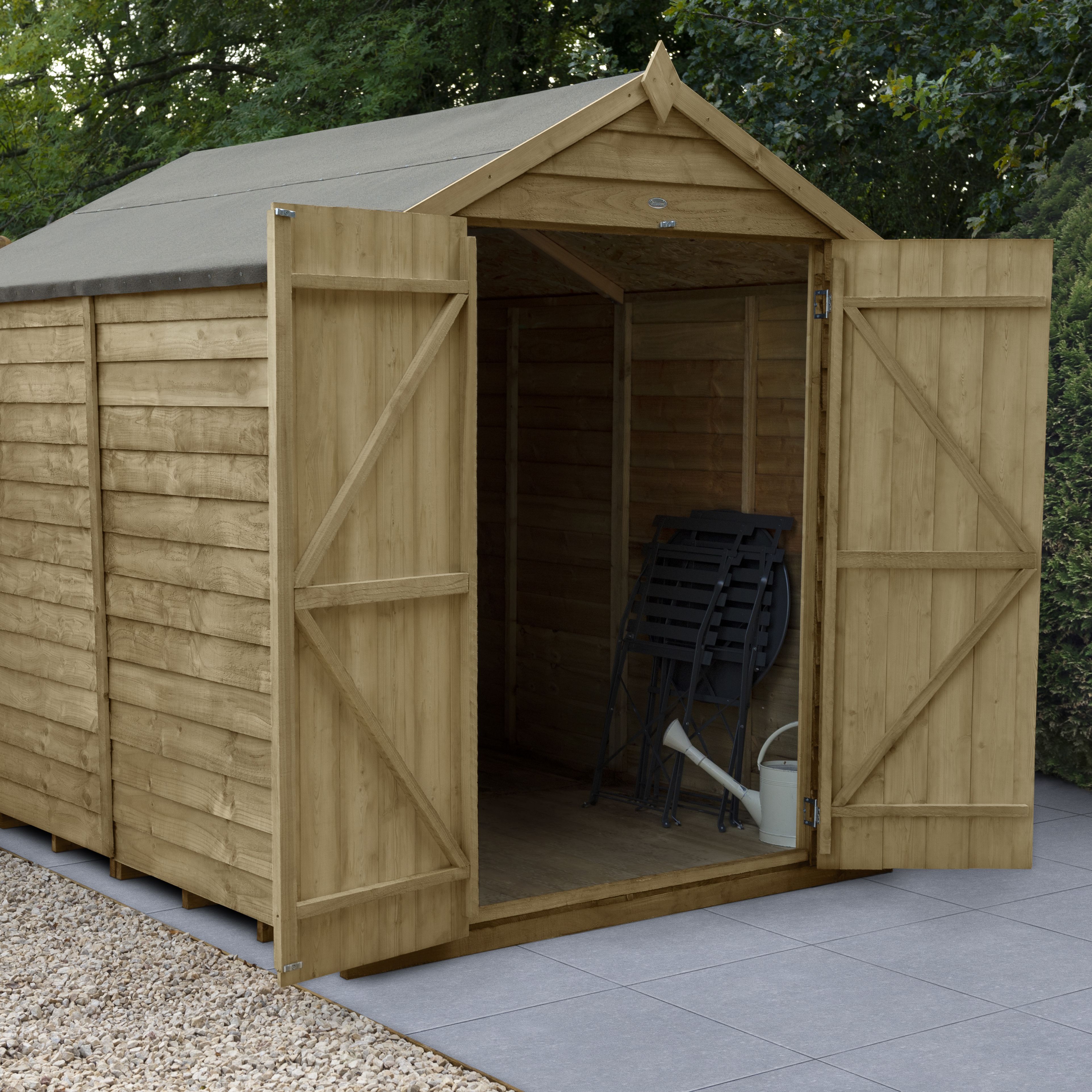 Forest Garden Overlap 8x6 ft Apex Wooden 2 door Shed with floor (Base included) - Assembly service included