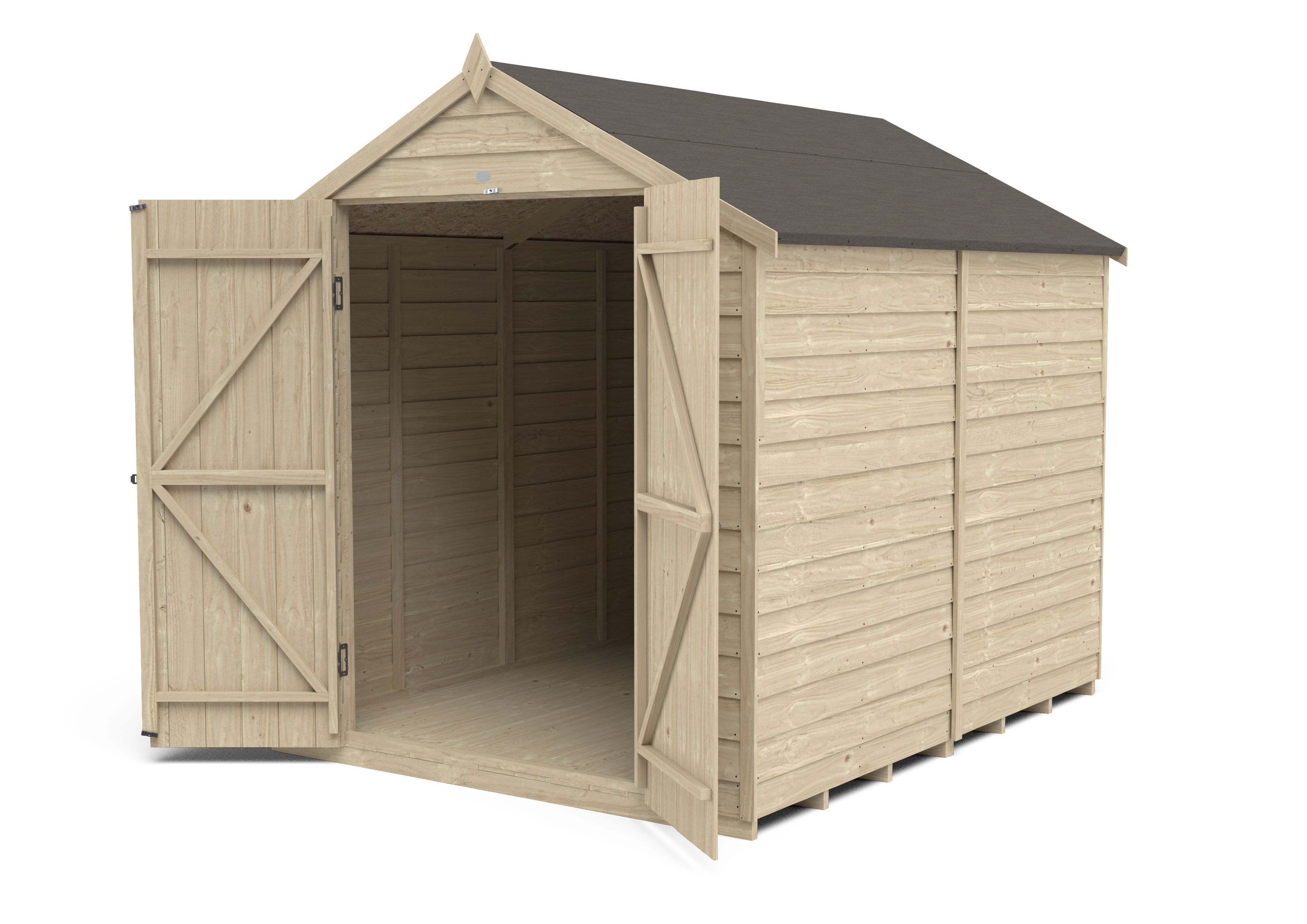 Forest Garden Overlap 8x6 ft Apex Wooden 2 door Shed with floor (Base included) - Assembly service included