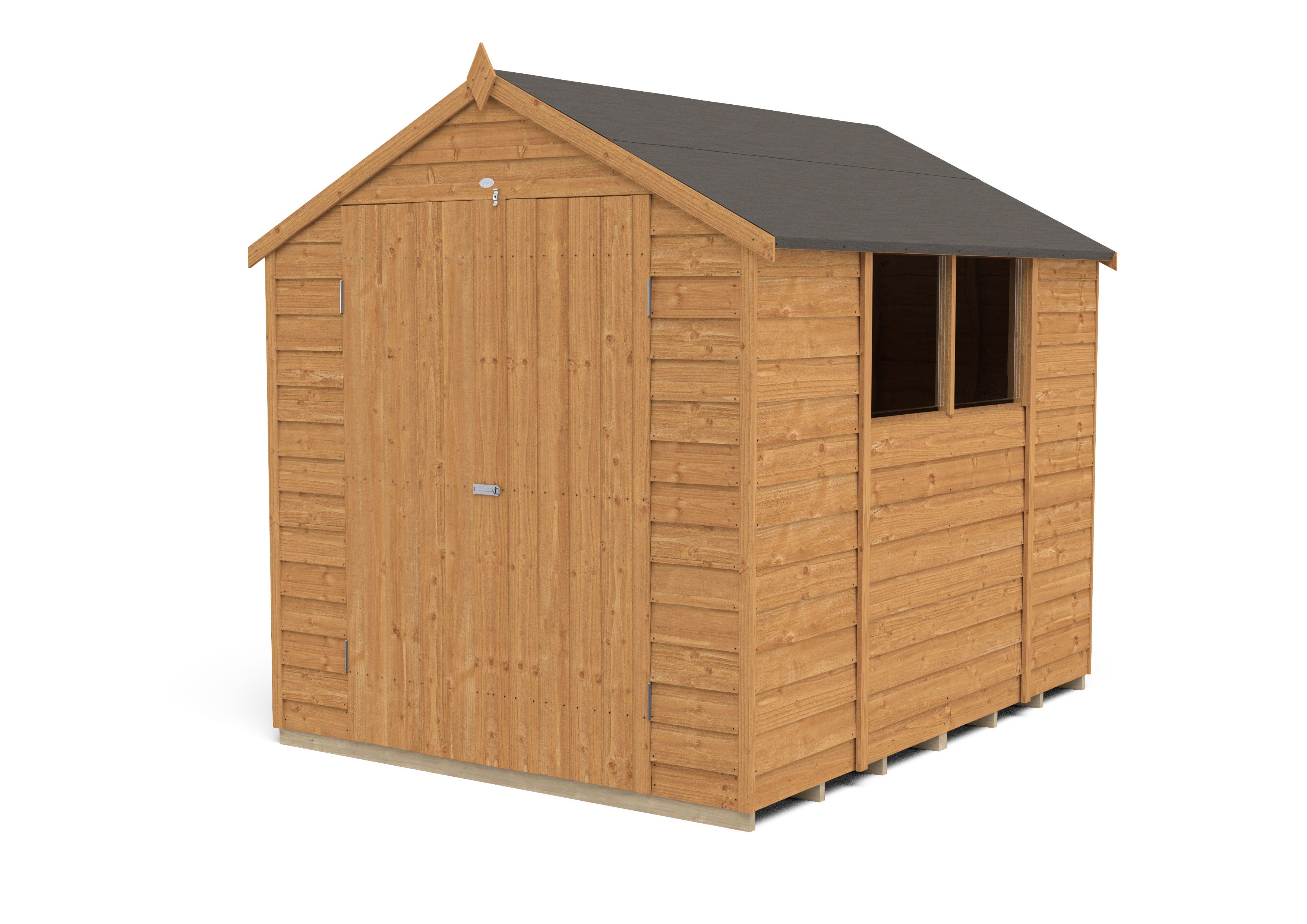 Forest Garden Overlap 8x6 ft Apex Wooden Dip treated 2 door Shed with floor & 2 windows (Base included)