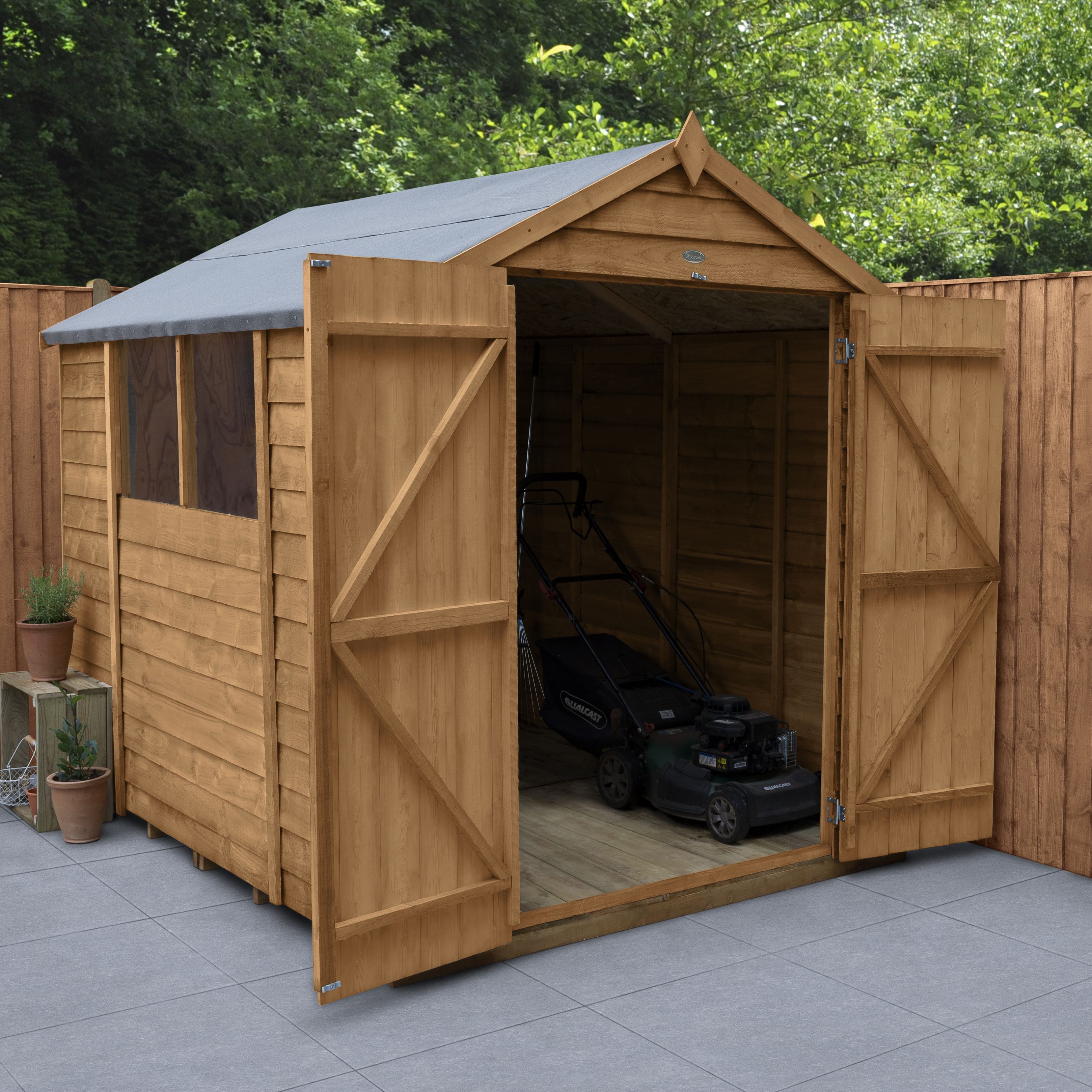 Forest Garden Overlap 8x6 ft Apex Wooden Dip treated 2 door Shed with floor & 2 windows (Base included)