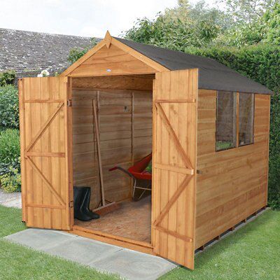 Forest Garden Overlap 8x6 ft Apex Wooden Dip treated 2 door Shed with floor & 2 windows