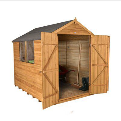 Forest Garden Overlap 8x6 ft Apex Wooden Dip treated 2 door Shed with floor & 2 windows