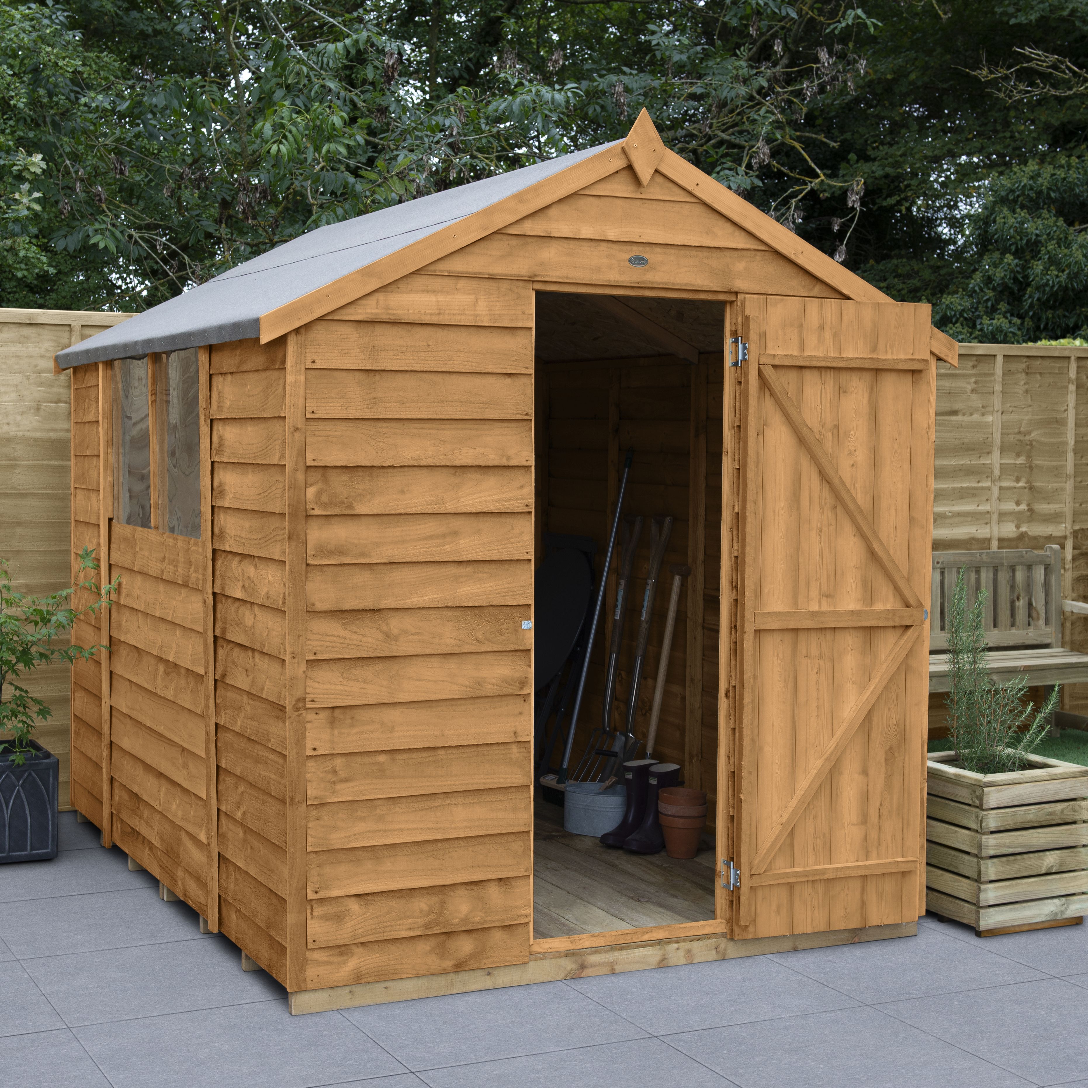 Forest Garden Overlap 8x6 ft Apex Wooden Dip treated Shed with floor & 2 windows (Base included)