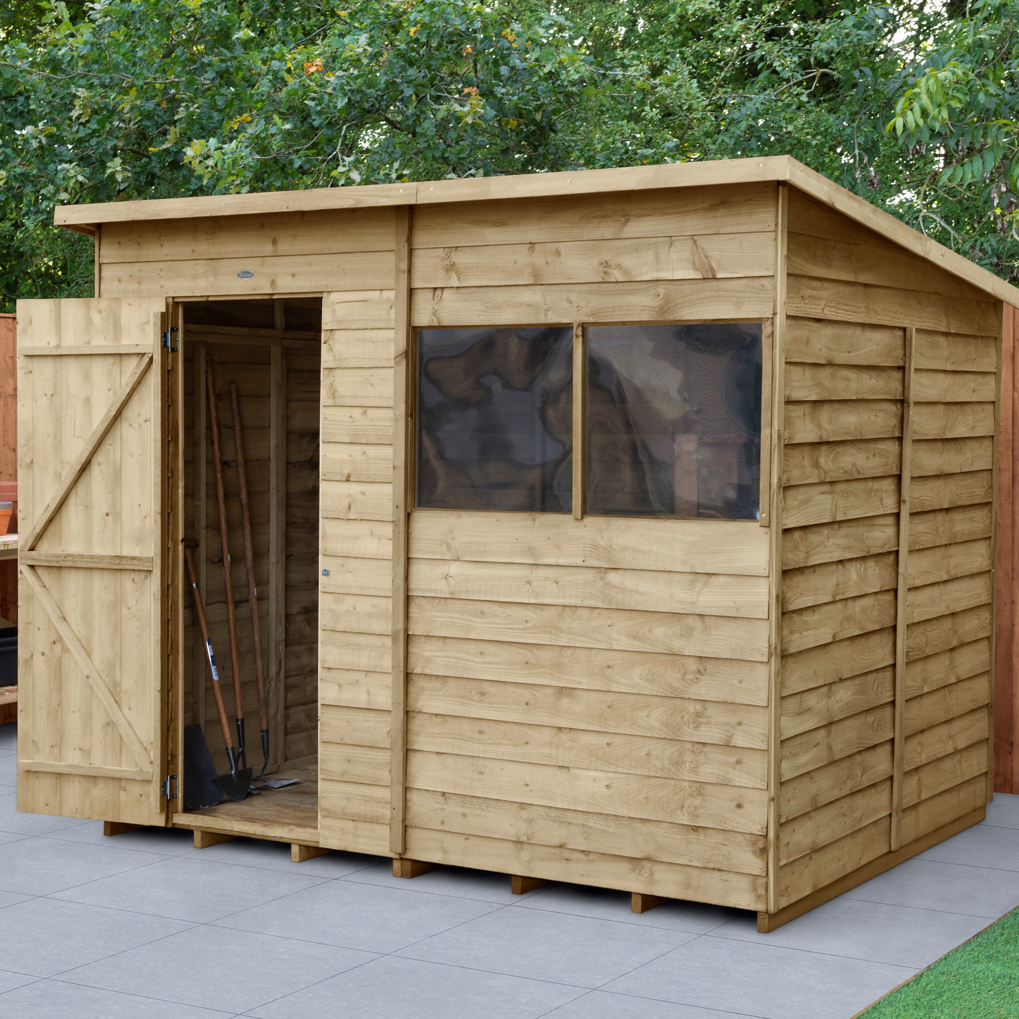 Forest Garden Overlap 8x6 ft Pent Wooden Pressure treated Shed with floor & 2 windows (Base included)