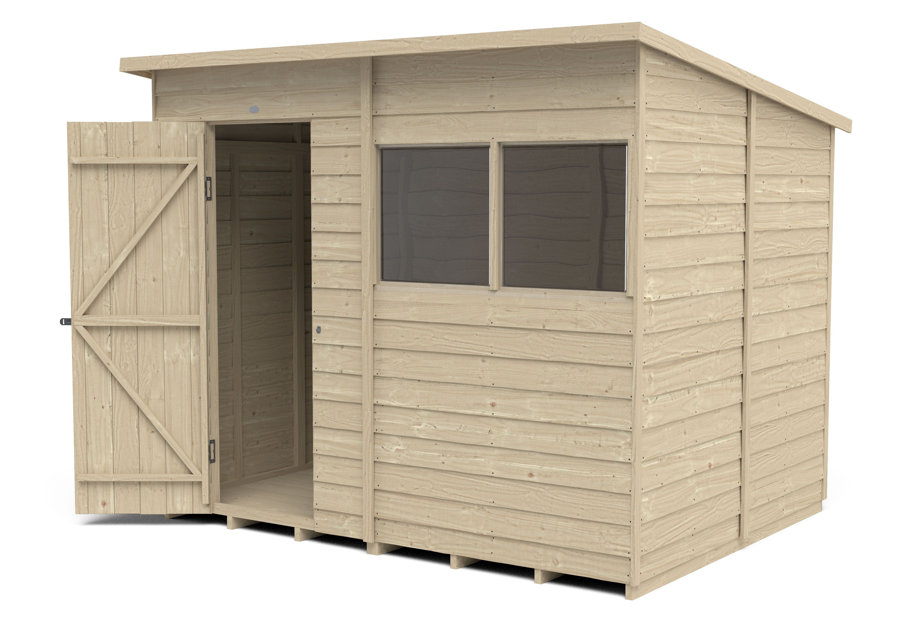 Forest Garden Overlap 8x6 ft Pent Wooden Shed with floor & 2 windows (Base included) - Assembly service included