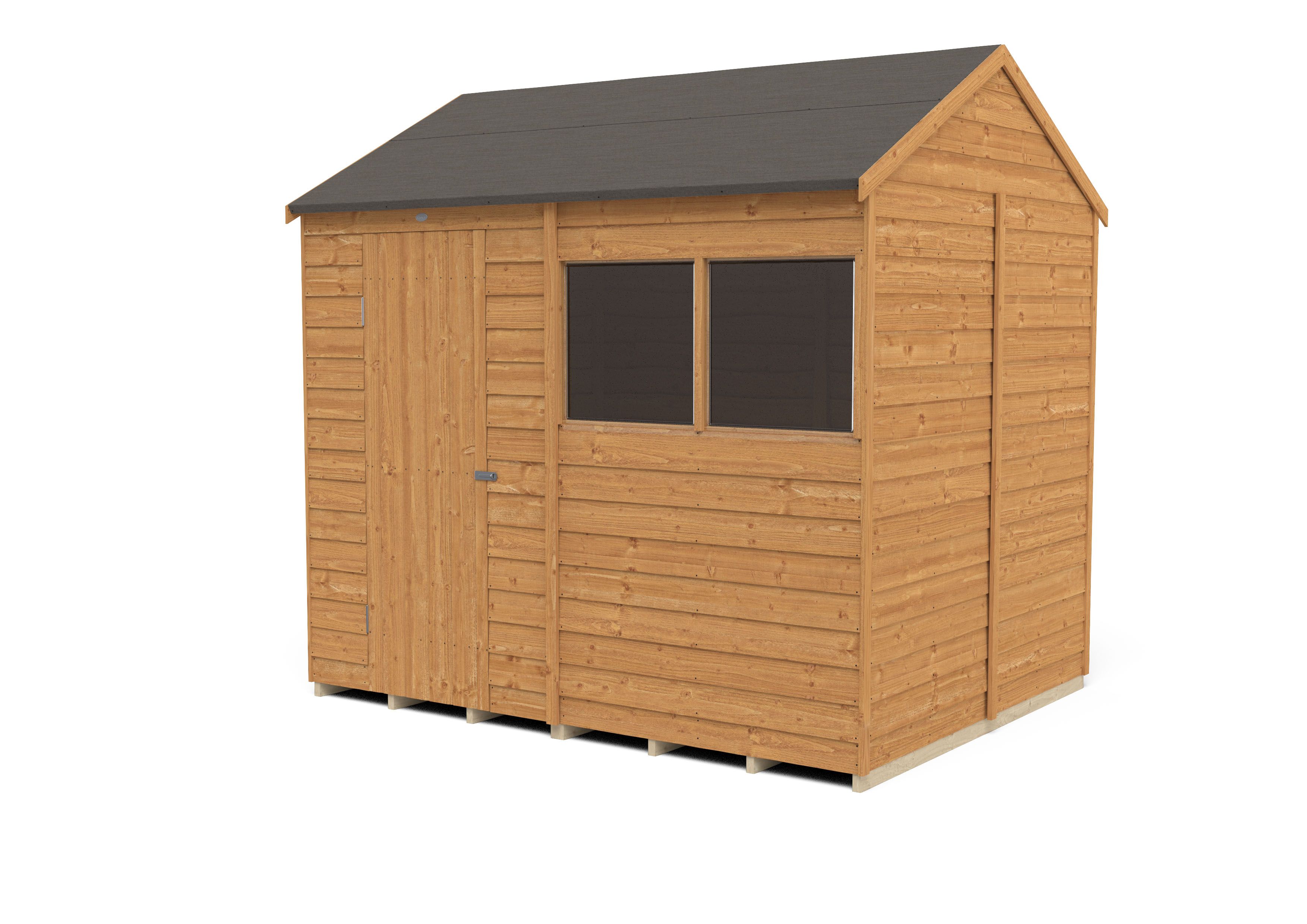 Forest Garden Overlap 8x6 ft Reverse apex Wooden Dip treated Shed with floor & 2 windows (Base included) - Assembly service included