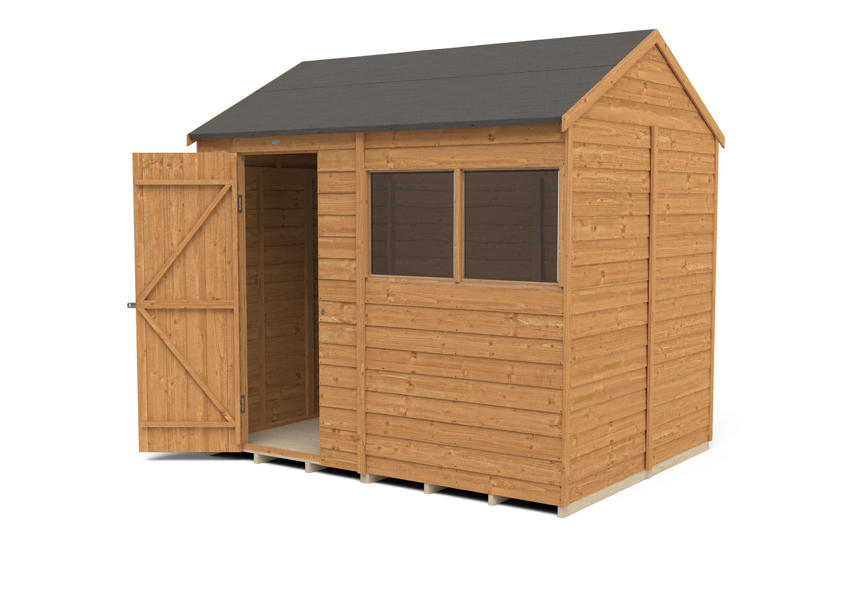 Forest Garden Overlap 8x6 ft Reverse apex Wooden Dip treated Shed with floor & 2 windows (Base included) - Assembly service included