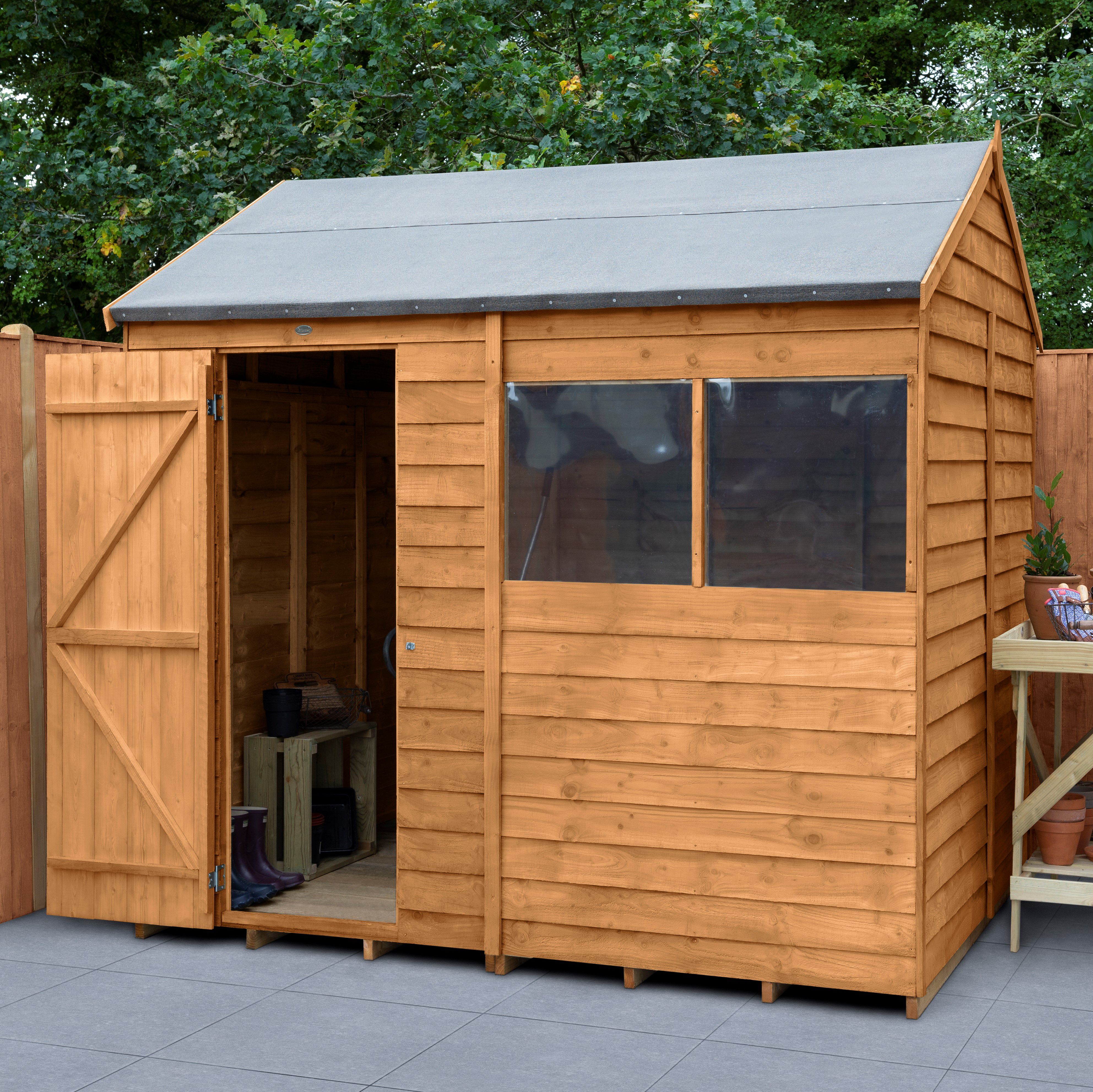 Forest Garden Overlap 8x6 ft Reverse apex Wooden Dip treated Shed with floor & 2 windows