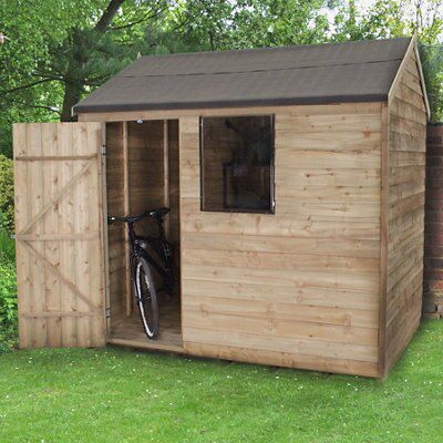 Forest Garden Overlap 8x6 ft Reverse apex Wooden Pressure treated Shed with floor & 1 window (Base included) - Assembly service included
