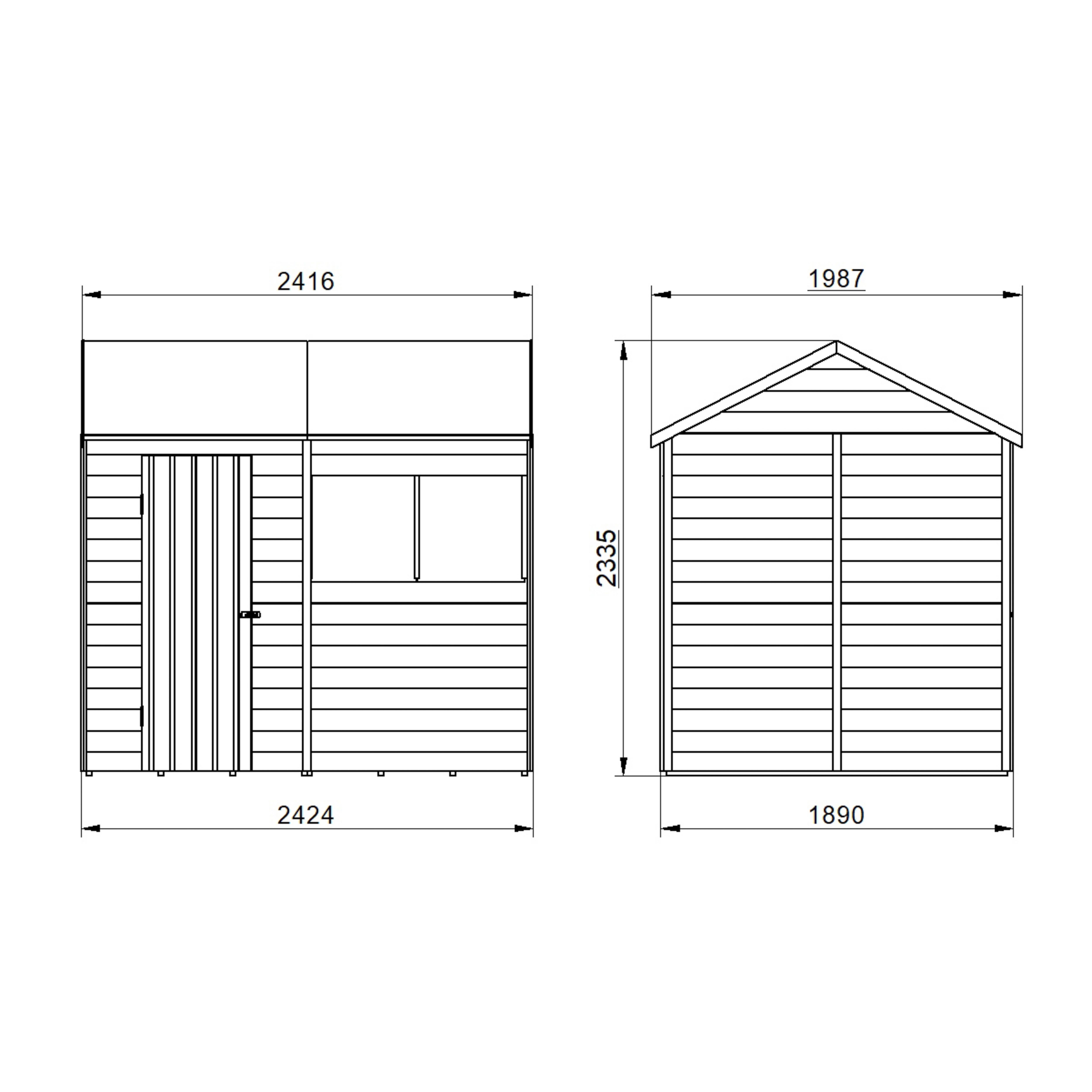 Forest Garden Overlap 8x6 ft Reverse apex Wooden Pressure treated Shed with floor & 2 windows (Base included) - Assembly service included