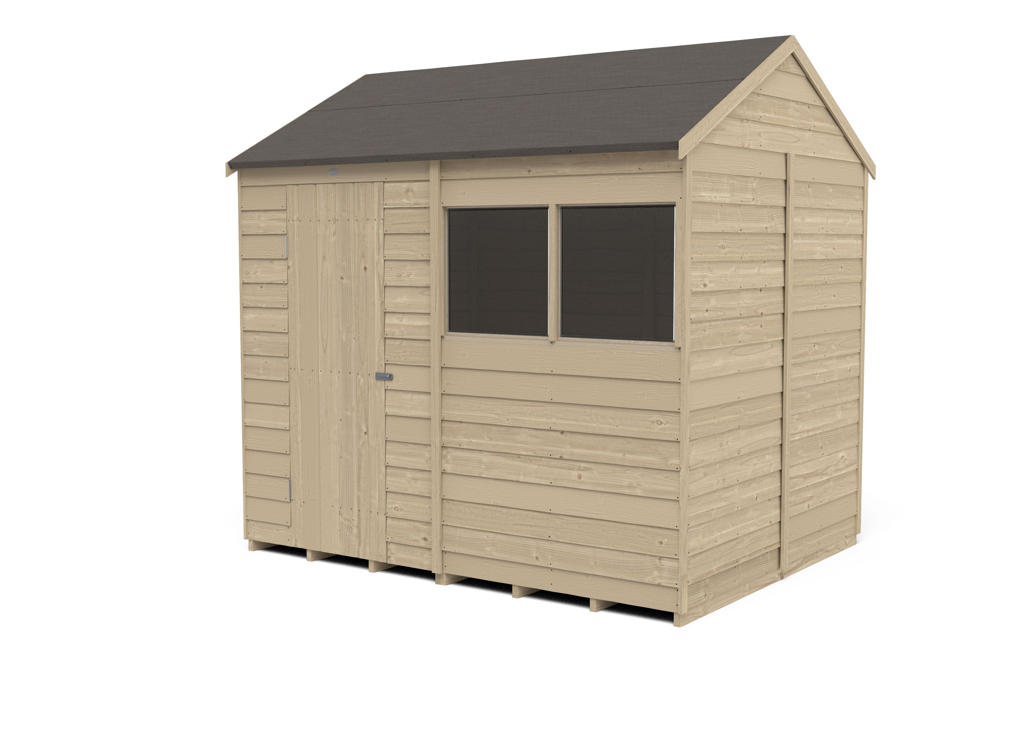 Forest Garden Overlap 8x6 ft Reverse apex Wooden Pressure treated Shed with floor & 2 windows (Base included)