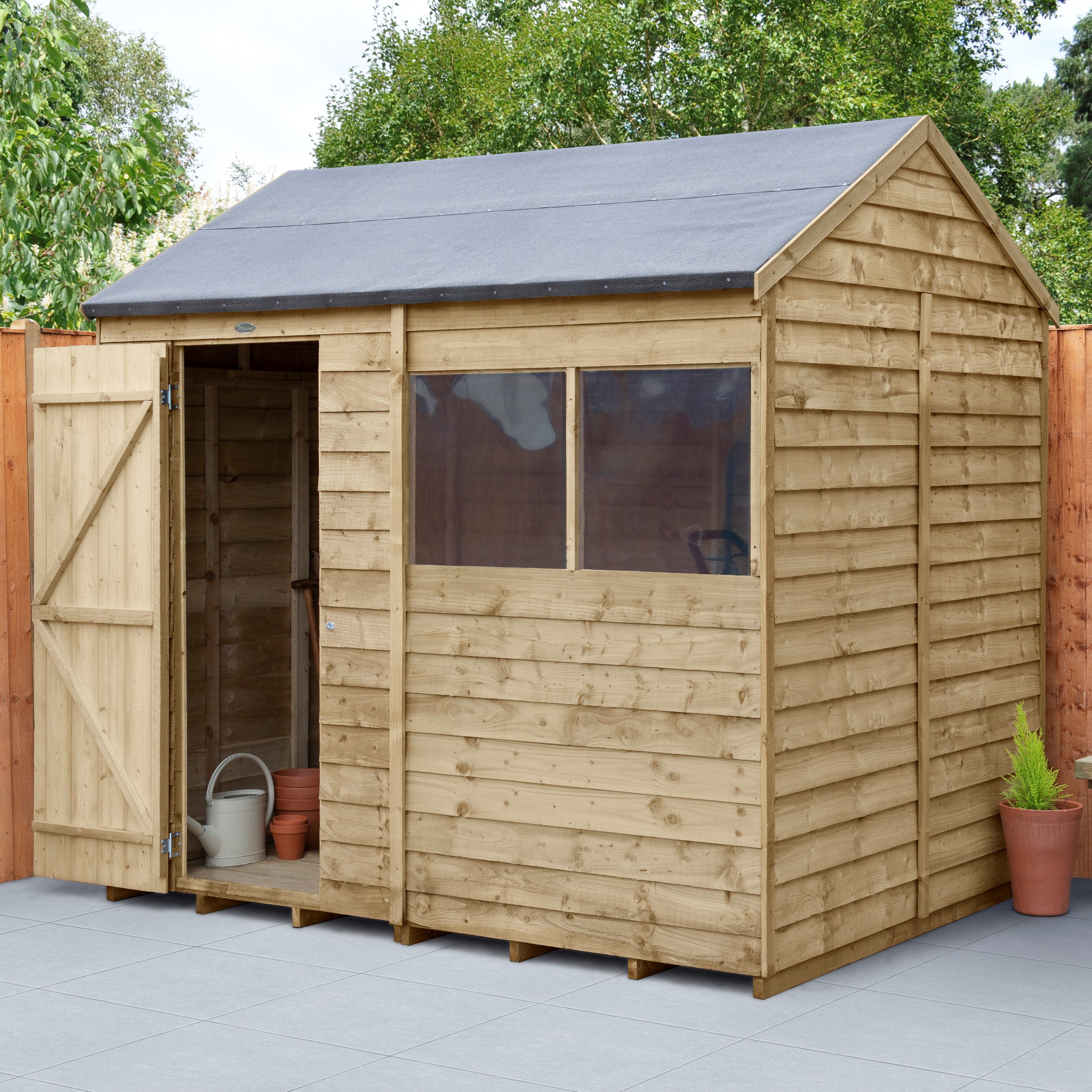 Forest Garden Overlap 8x6 ft Reverse apex Wooden Pressure treated Shed with floor & 2 windows