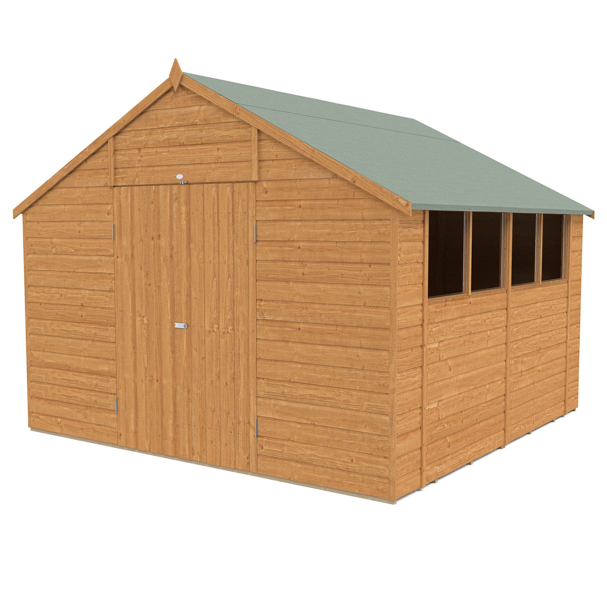Forest Garden Shiplap 10x10 ft Apex Wooden 2 door Shed with floor & 4 windows - Assembly service included