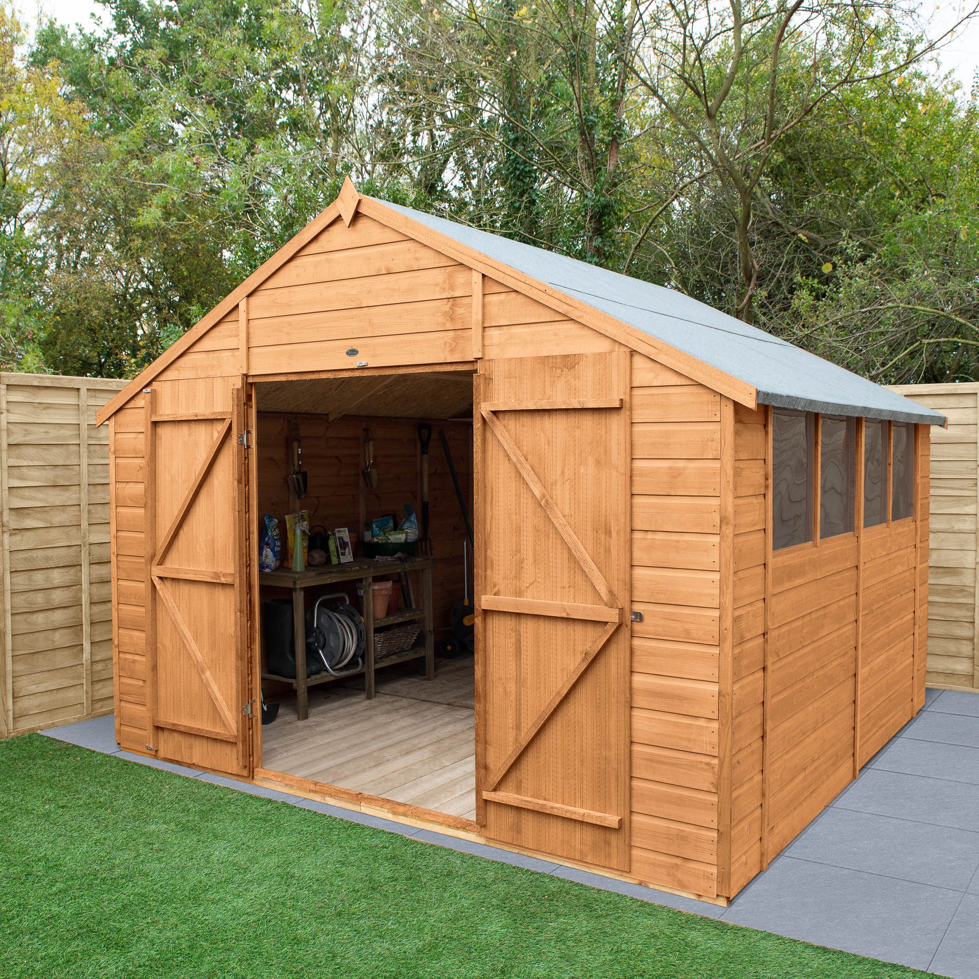 Forest Garden Shiplap 10x10 ft Apex Wooden Dip treated 2 door Shed with floor & 4 windows - Assembly service included