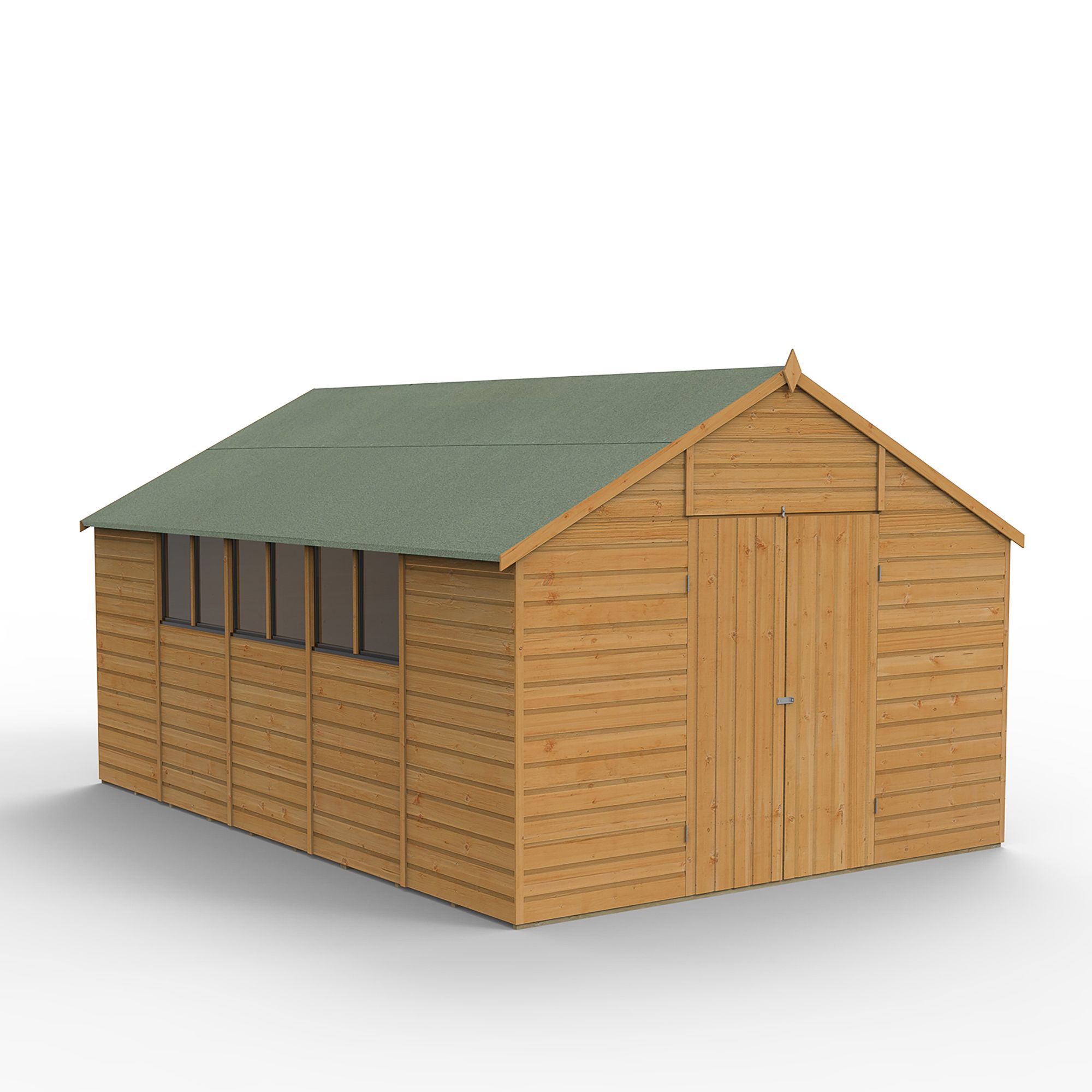Forest Garden Shiplap 10x15 ft Apex Wooden 2 door Shed with floor & 6 windows